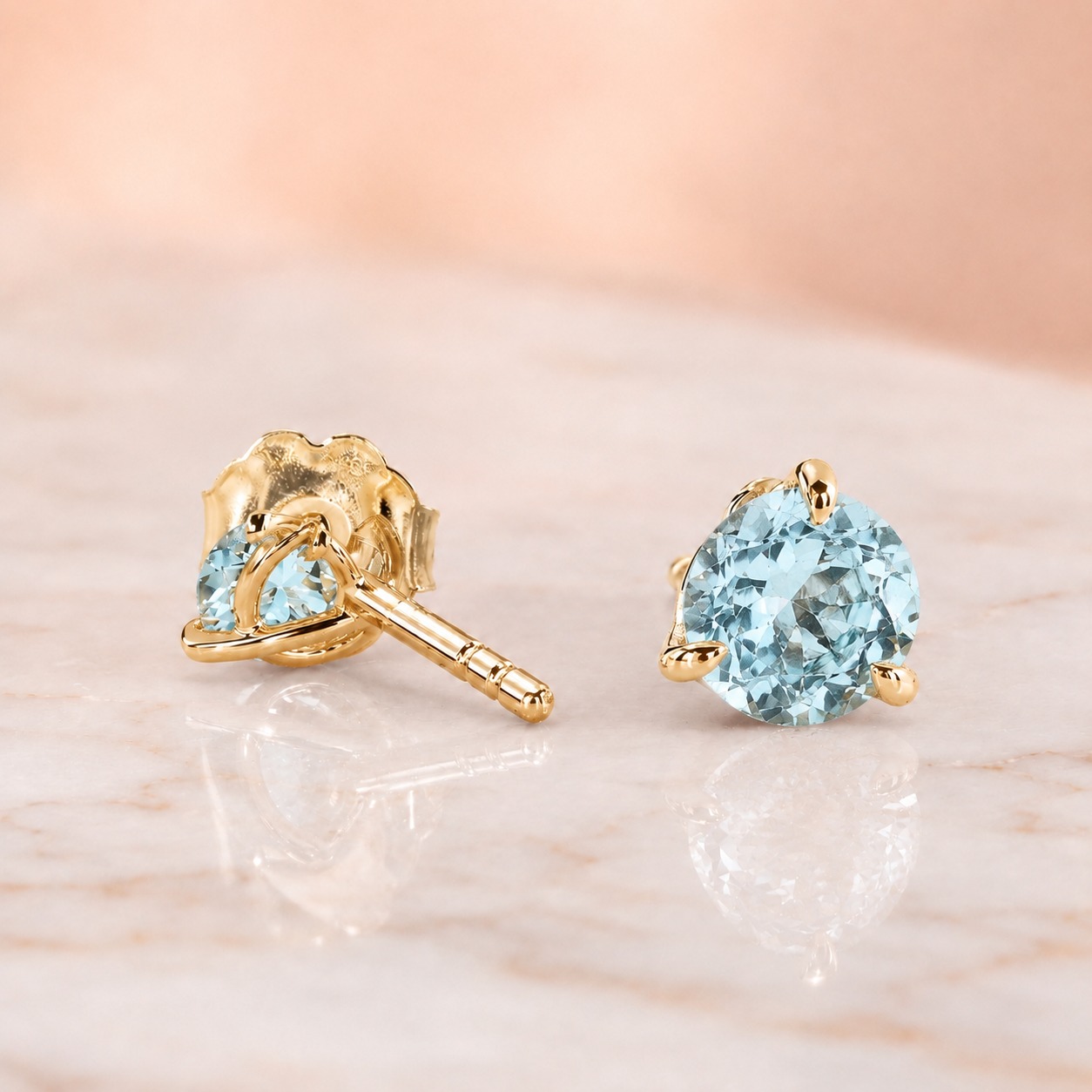 Round Aquamarine Stud Earrings – 3-Prong 14K Yellow Gold – 1.33 Cttw Push Back