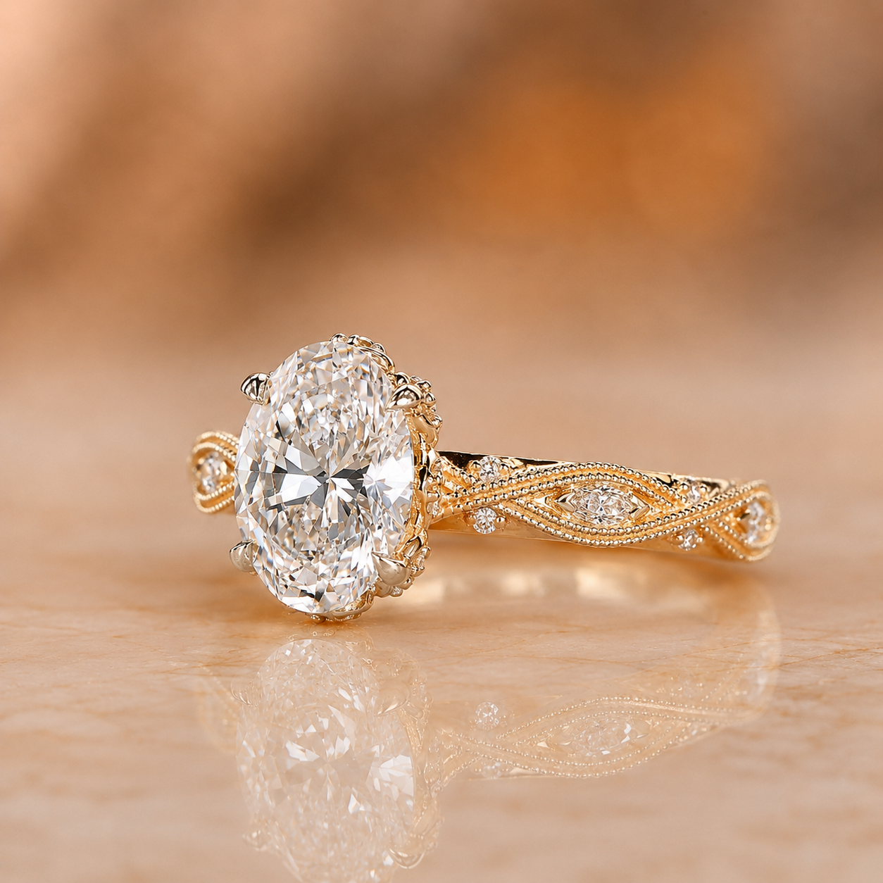 Oval Lab Grown Diamond Engagement Ring Vintage Hidden Halo 14K Yellow Gold IGI Certified 4 Carat