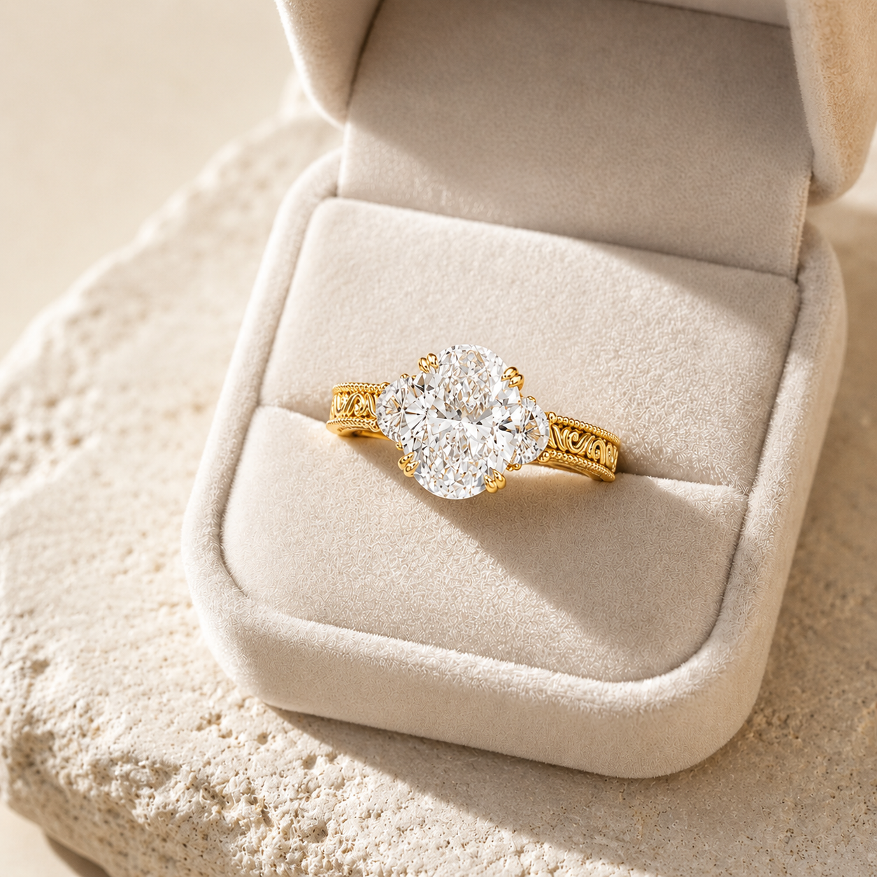 Oval Lab Grown Diamond Three Stone Ring Vintage 14K White Gold Half-Moon Side Stones, E VVS2