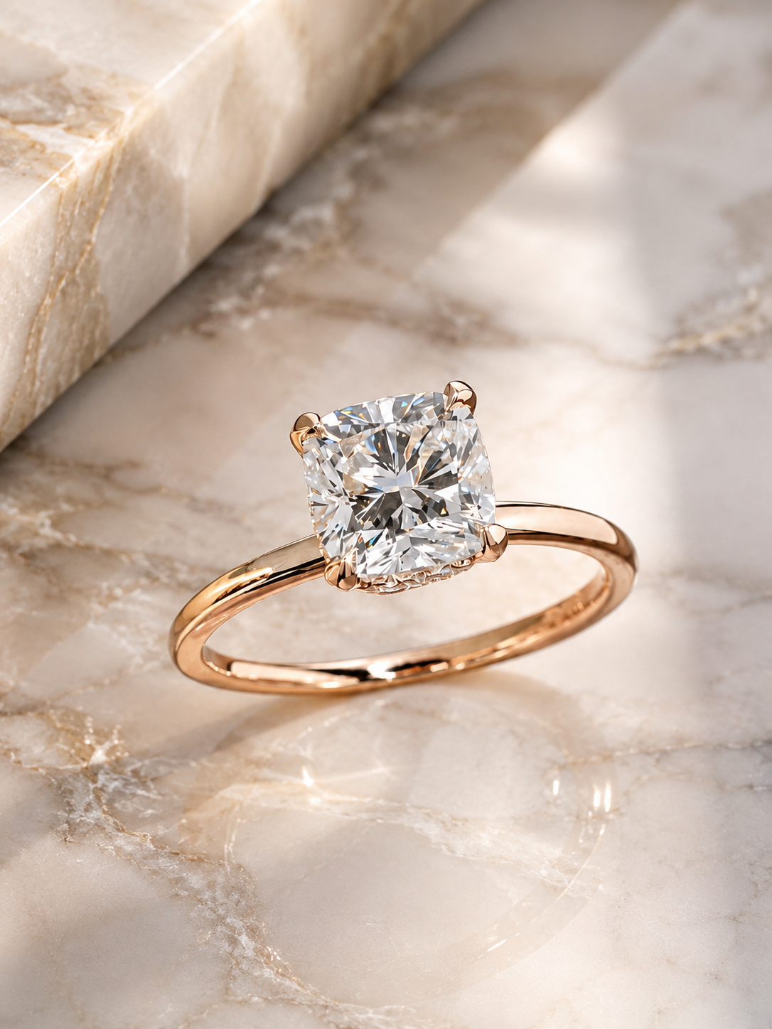 Cushion Lab Grown Diamond Engagement Ring Hidden Halo Solitaire 14K Yellow Gold IGI Certified