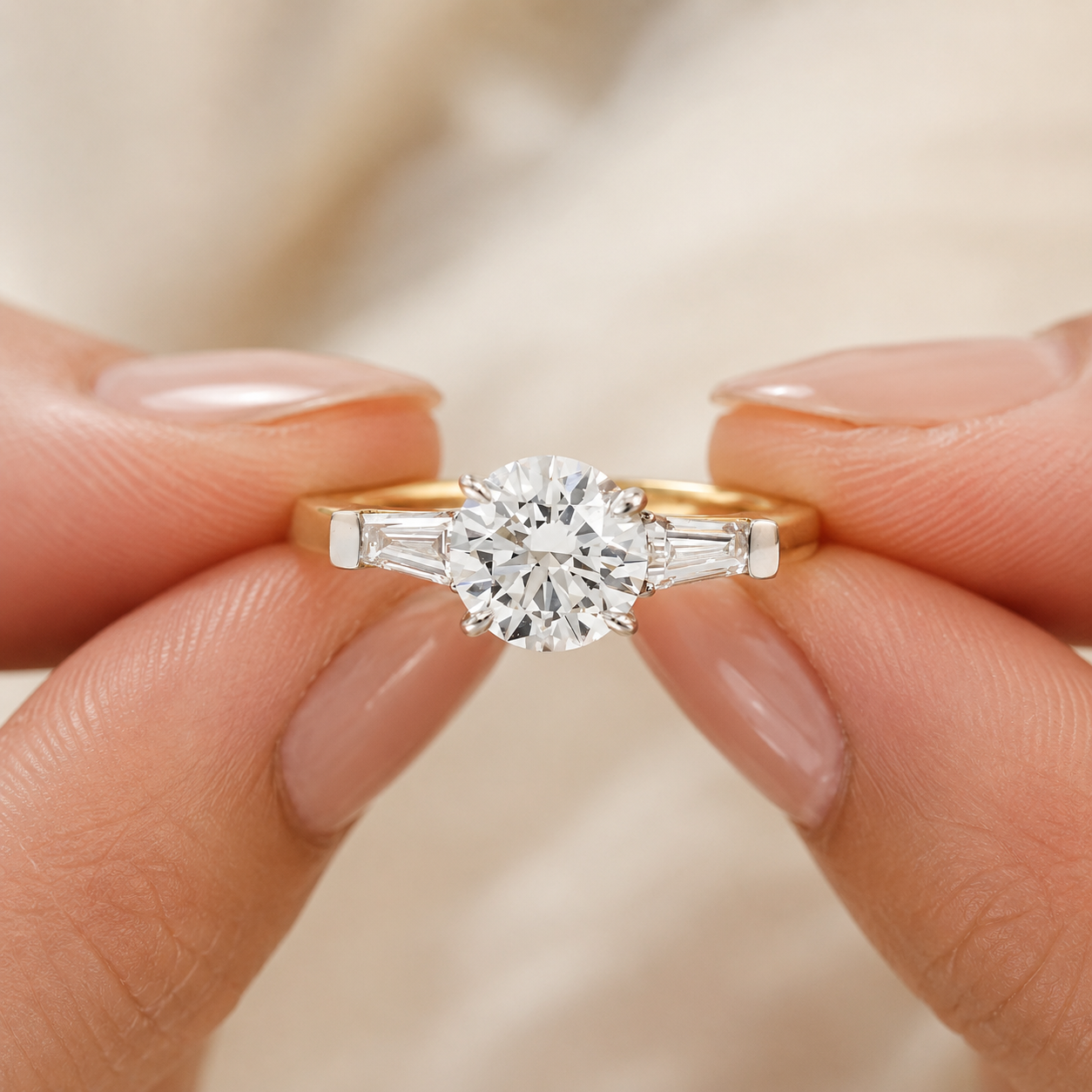 Round Lab Grown Diamond Engagement Ring Three Stone Tapered Baguette 14K Yellow Gold 1.35ct E/VVS2