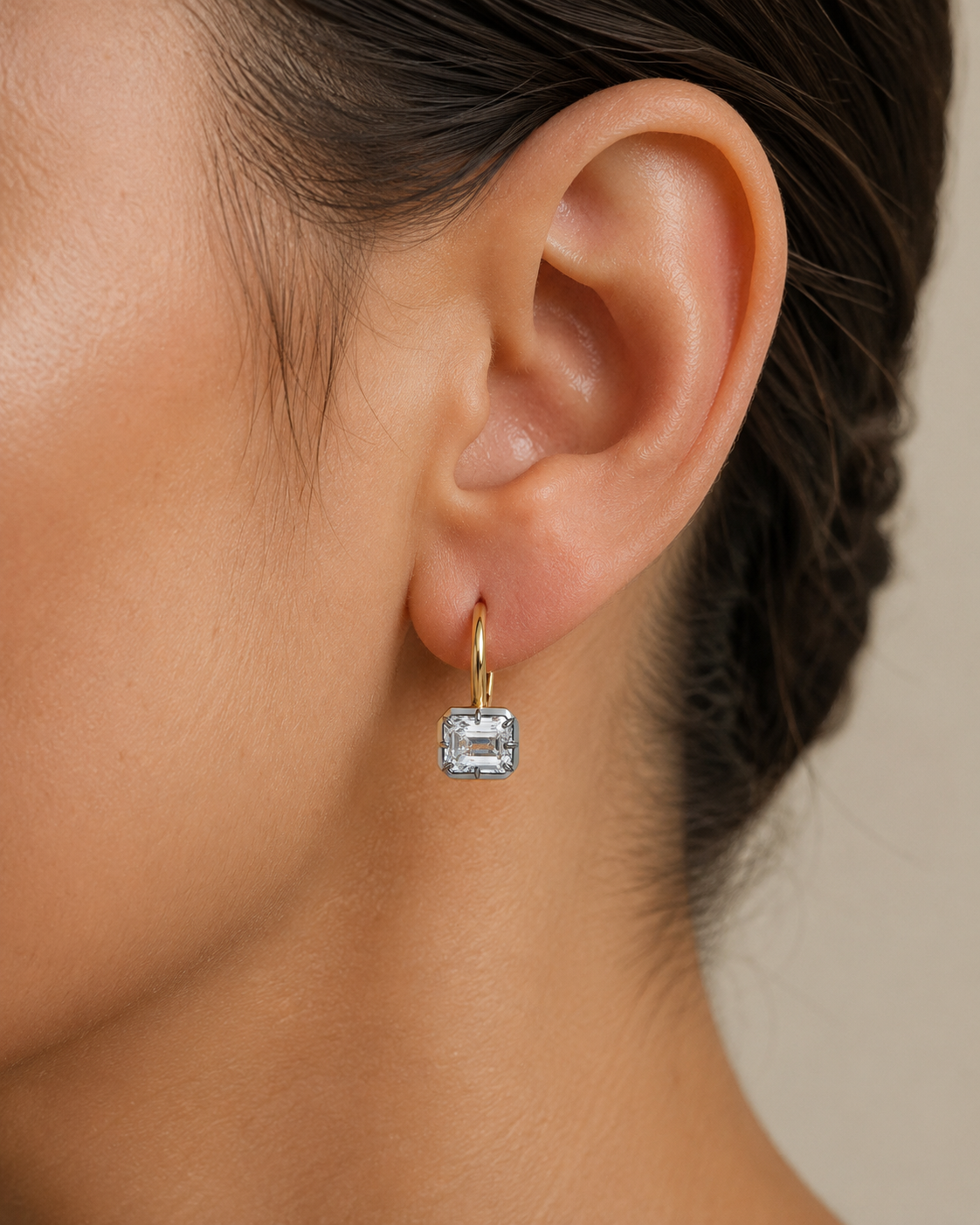 Emerald Cut Lab Grown Diamond Drop Earrings Bezel Set 14K Yellow Gold 2ct Lever Back