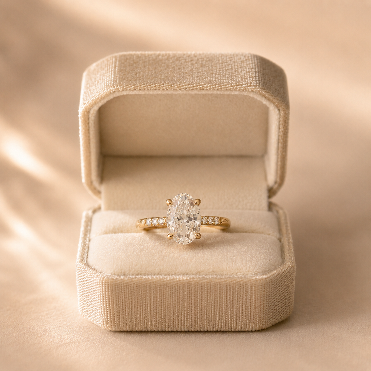 Oval Lab Grown Diamond Engagement Ring – Cathedral Trio Pavé 14K Gold – IGI Certified E VVS2