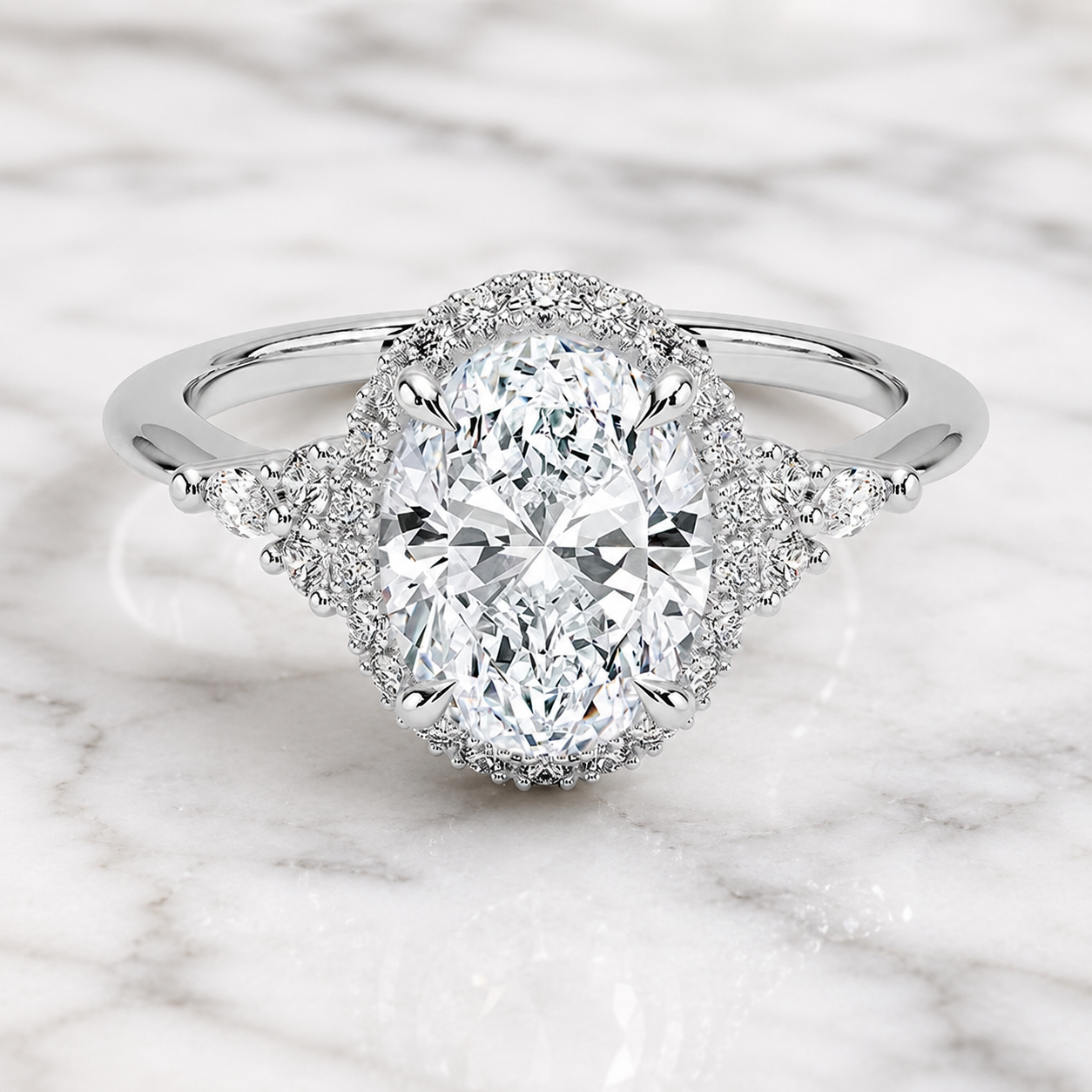 Oval Lab Grown Diamond Engagement Ring Halo with Pear Side Clusters 14K White Gold Three Stone Inspired