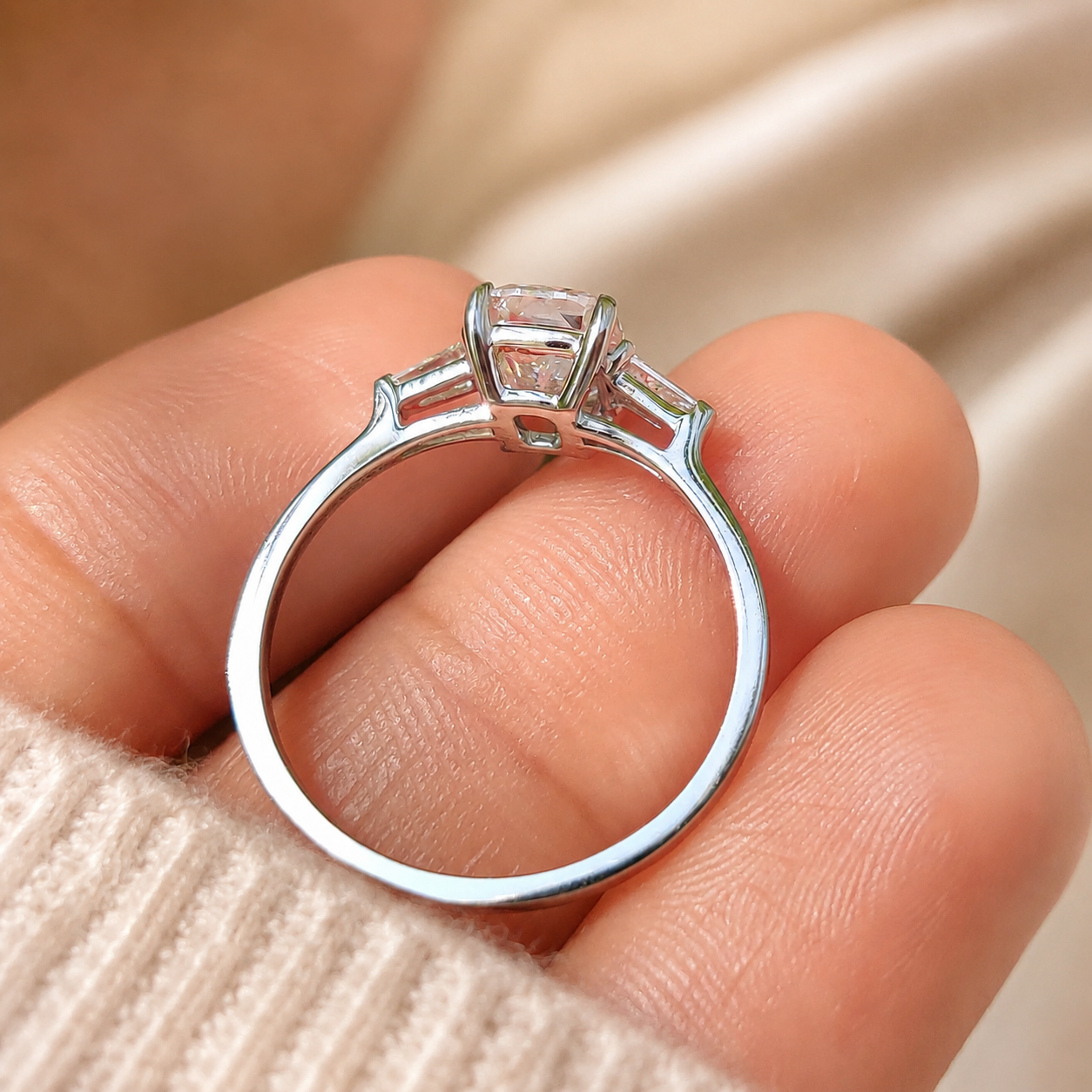Cushion Lab Grown Diamond Engagement Ring Three Stone 14K White Gold Tapered Baguette 2 Carat