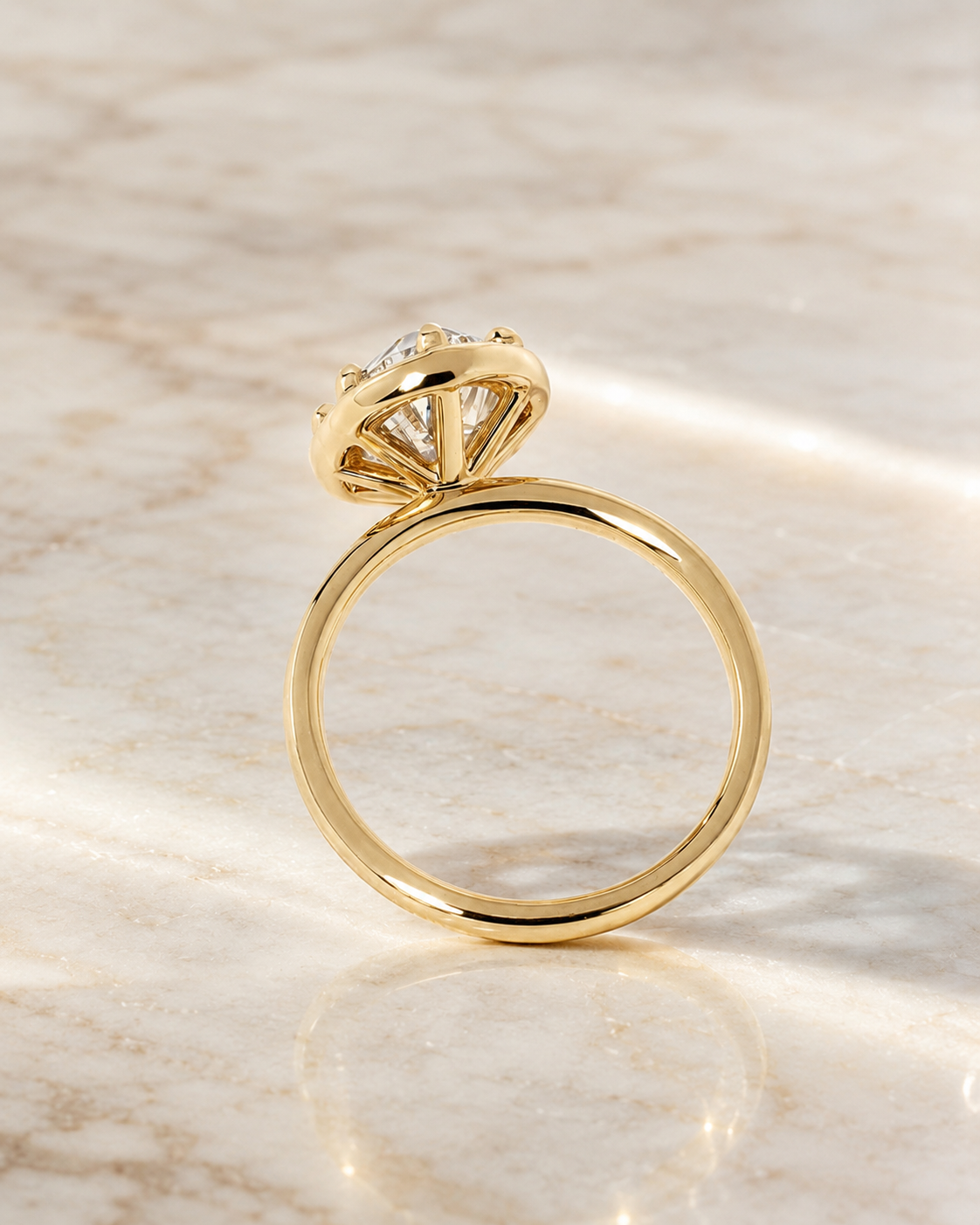 Oval Lab Grown Diamond Engagement Ring Bezel Hidden Halo 14K Yellow Gold Comfort-Fit Band