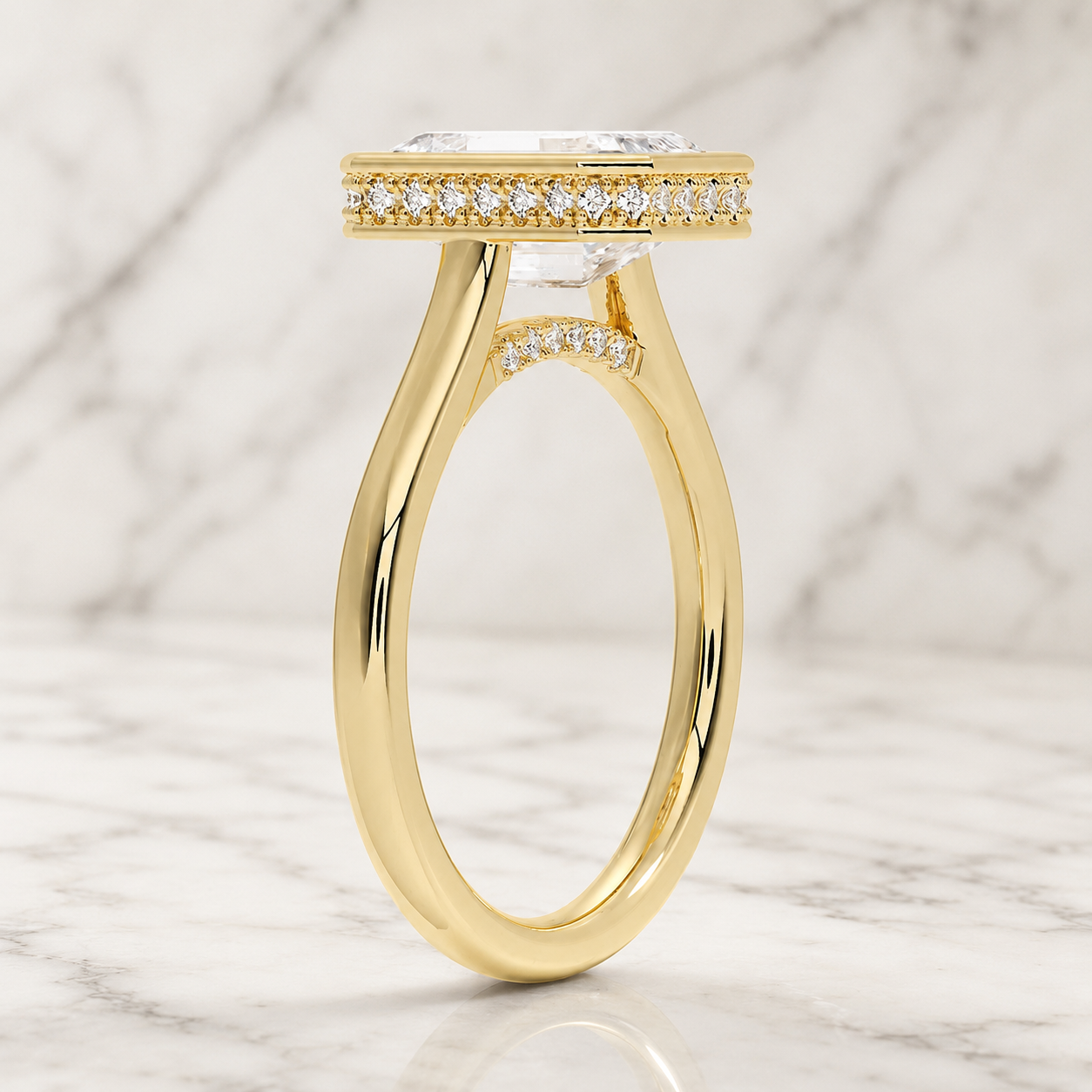Emerald Cut Lab Grown Diamond Engagement Ring Bezel Hidden Halo 14K Yellow Gold Split Shank