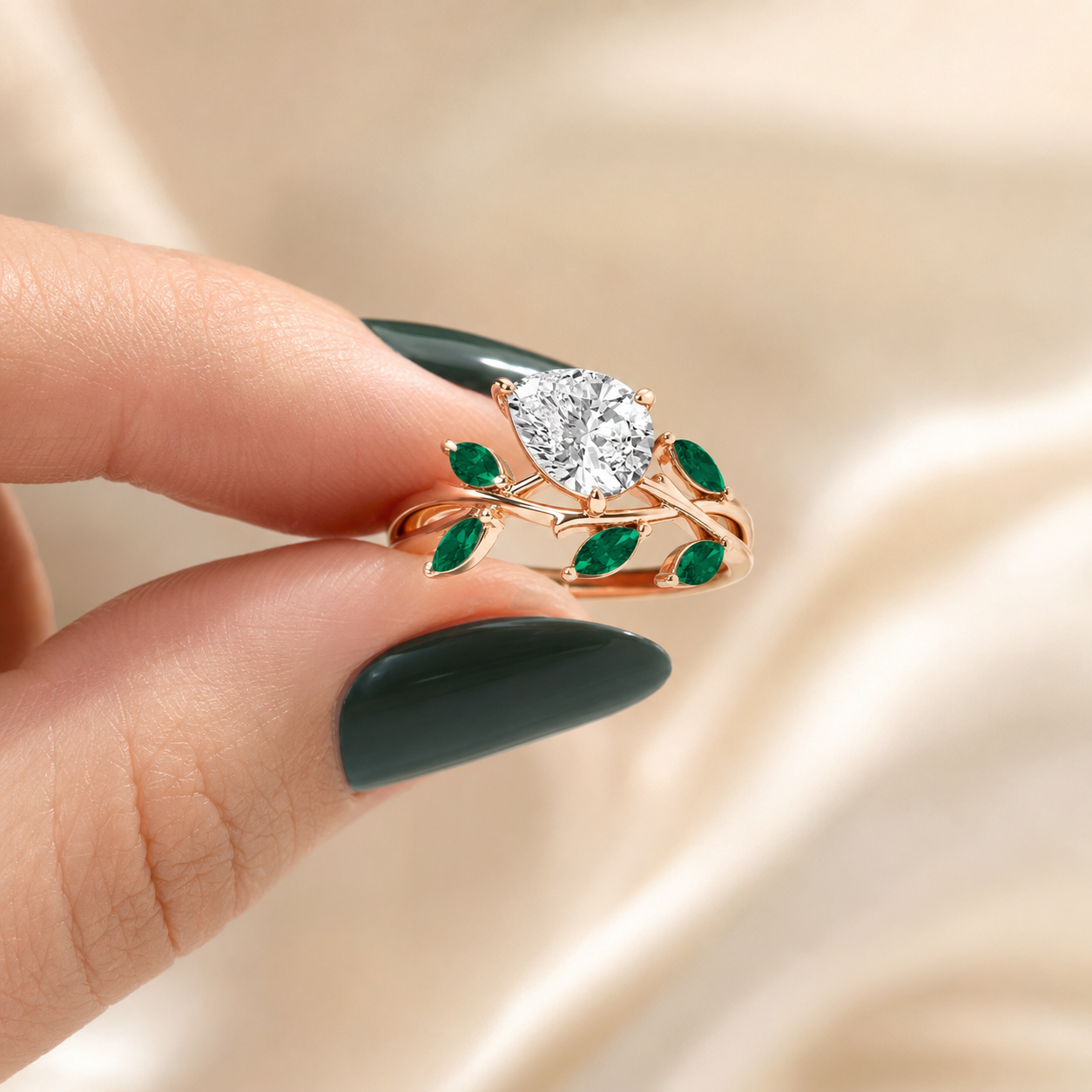 Pear Lab Grown Diamond Engagement Ring Branch Side Stone 14K Rose Gold Marquise Emerald Accents, IGI Certified