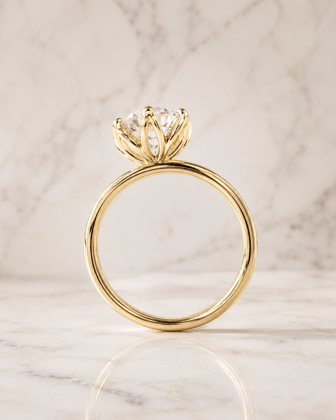 Round Lab Grown Diamond Engagement Ring – Petal Prong Solitaire 14K Gold – Lotus Crown Setting