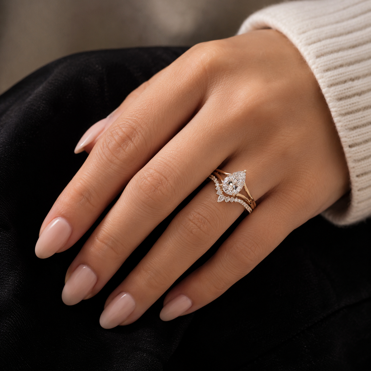 2CT Pear Lab Grown Diamond Engagement Ring Set 14K Rose Gold IGI