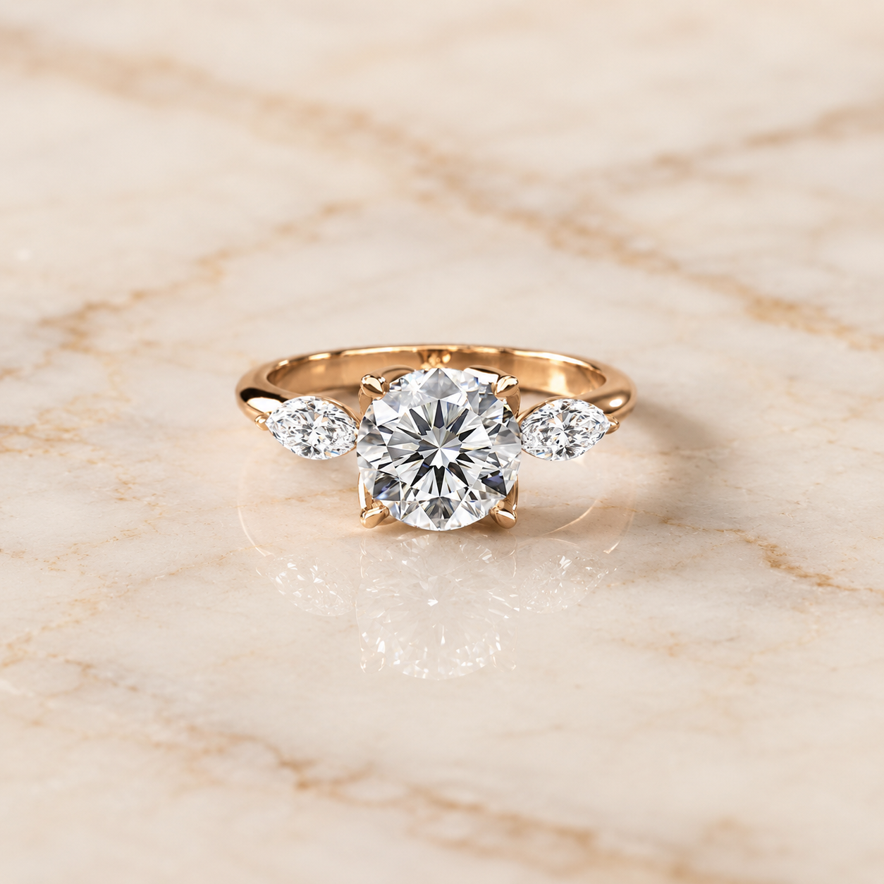 Round Lab Grown Diamond Engagement Ring Three Stone 14K Rose Gold – Floral Prong Setting