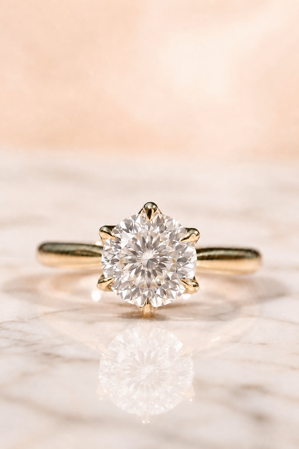 Round Portuguese Cut Lab Grown Diamond Engagement Ring Floral Petal Prong Solitaire 14K Gold – 161 Facet Cathedral Setting