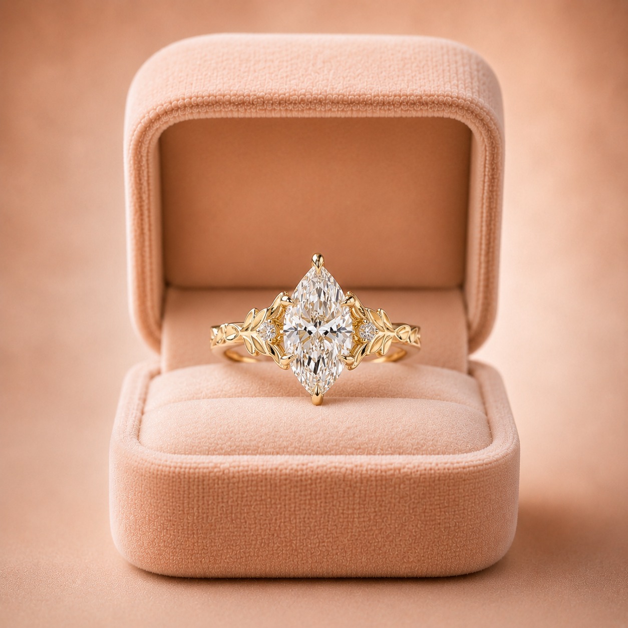 Marquise Lab Grown Diamond Engagement Ring – Floral Leaf Shank 14K Yellow Gold – IGI Certified 3.02 Carat E VVS2