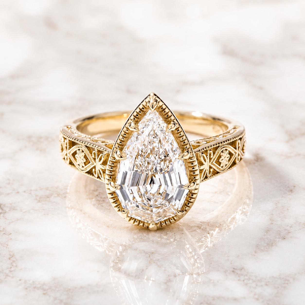 Pear Step Cut Lab Grown Diamond Engagement Ring Vintage Milgrain 14K Yellow Gold IGI Certified 2.84 Carat
