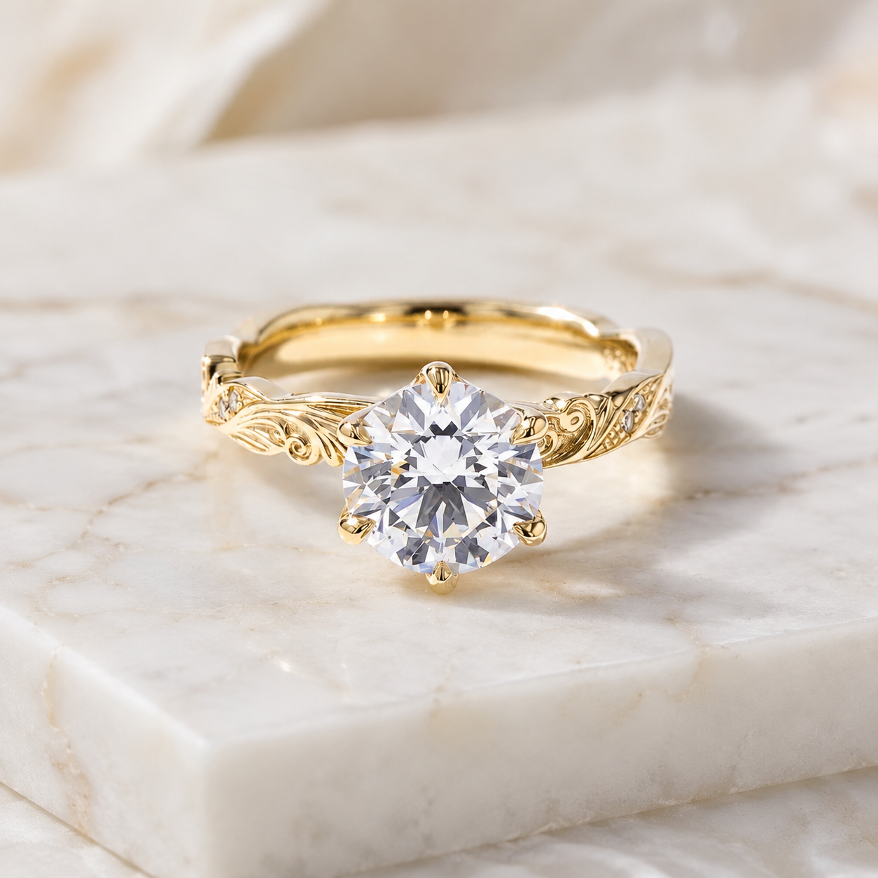 Round Lab Grown Diamond Engagement Ring Vintage Scroll Six-Prong 14K Yellow Gold IGI Certified 2ct E VVS2