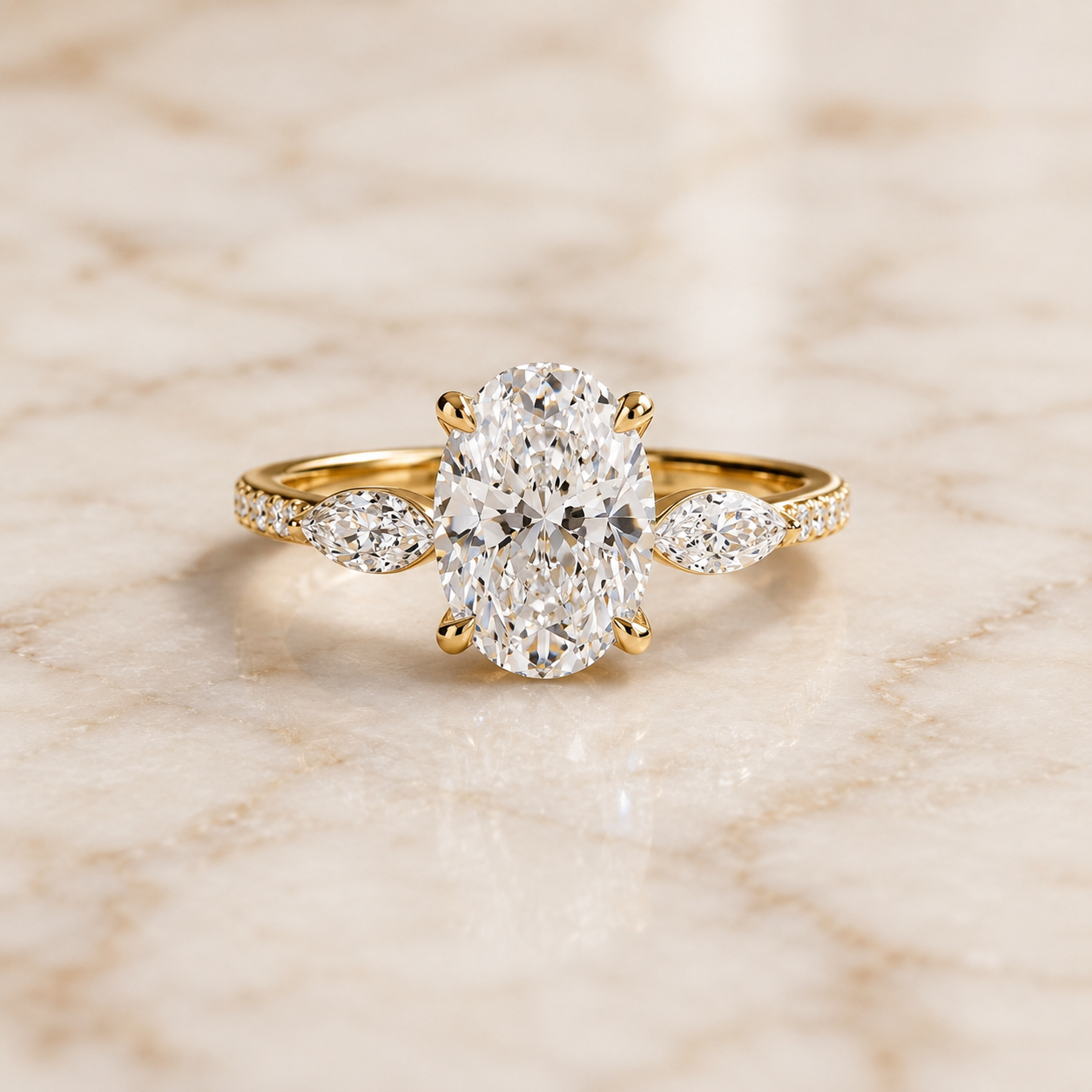 Oval Lab Grown Diamond Engagement Ring Marquise Side Stone Pavé 14K Yellow Gold IGI Certified 2ct