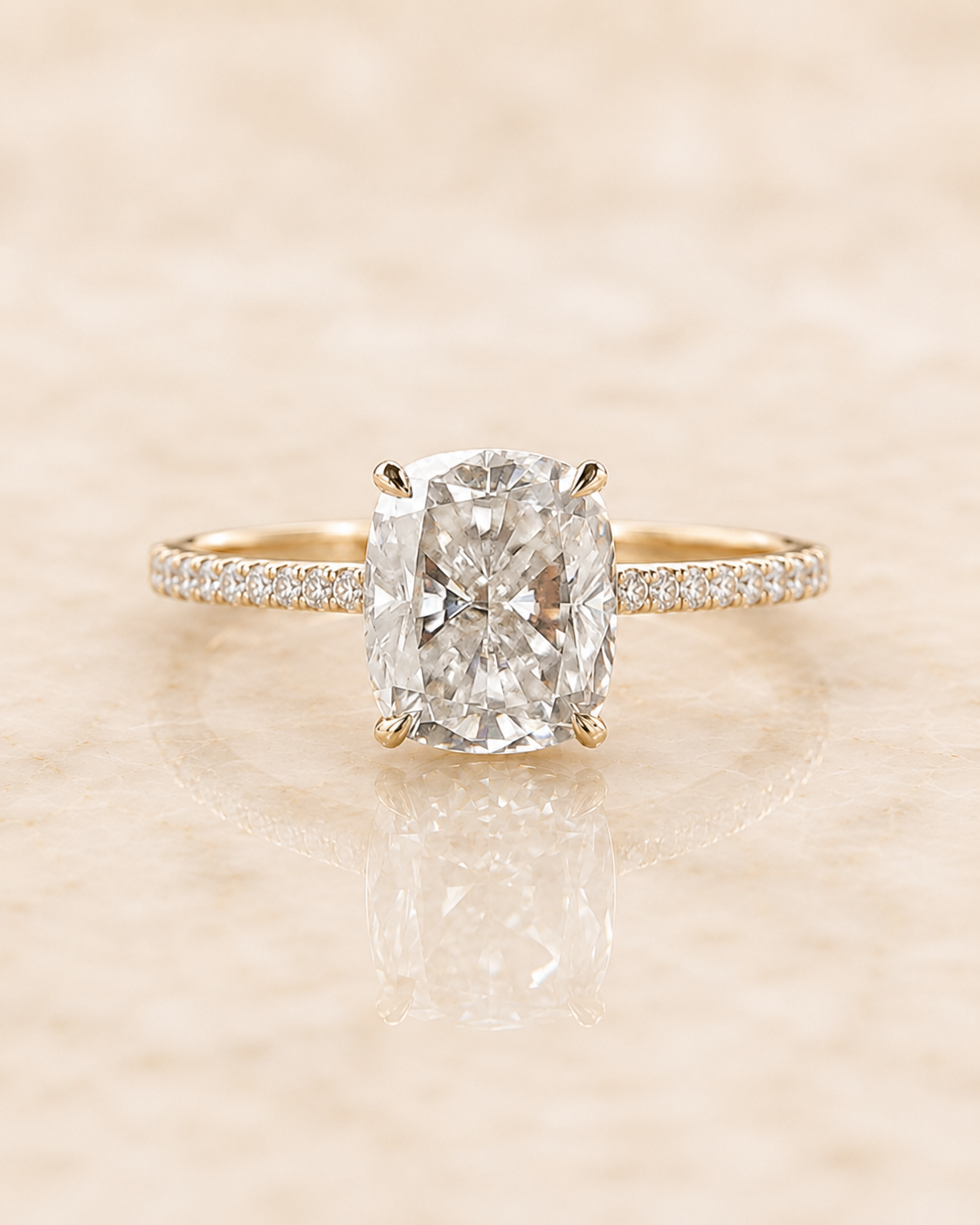 Cushion Cut Lab Grown Diamond Engagement Ring Hidden Halo 14K Yellow Gold IGI Certified 1 Carat