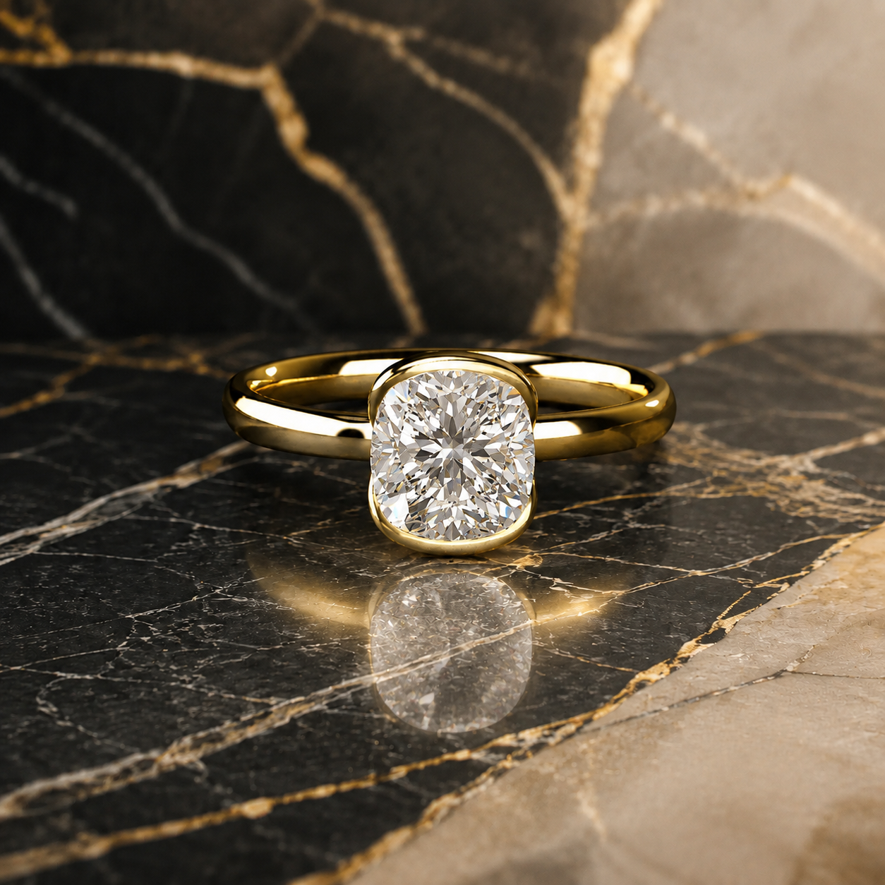 Cushion Lab Grown Diamond Engagement Ring Half Bezel Solitaire 14K Yellow Gold IGI Certified 1 Carat