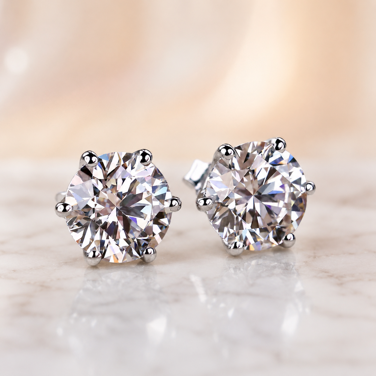 Round Lab Grown Diamond Stud Earrings – Six Prong Solitaire 14K White Gold – IGI Certified 2 Carat