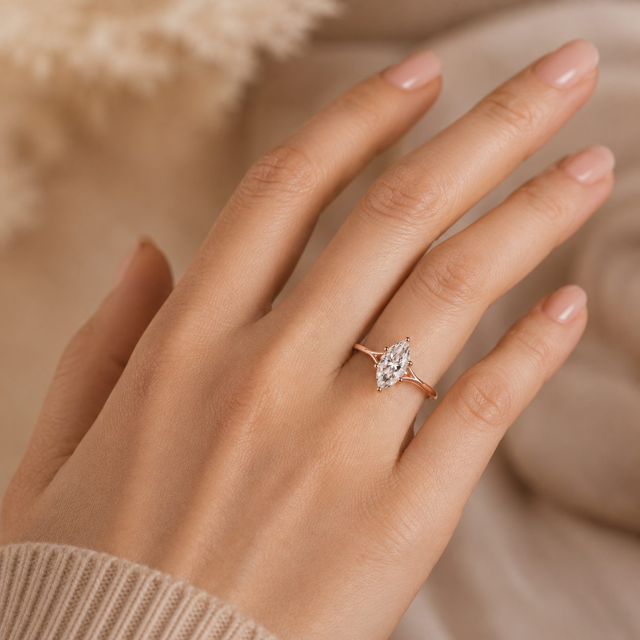 Marquise Lab Grown Diamond Engagement Ring Split Shank Solitaire 14K Rose Gold IGI Certified 1 Carat E VVS2
