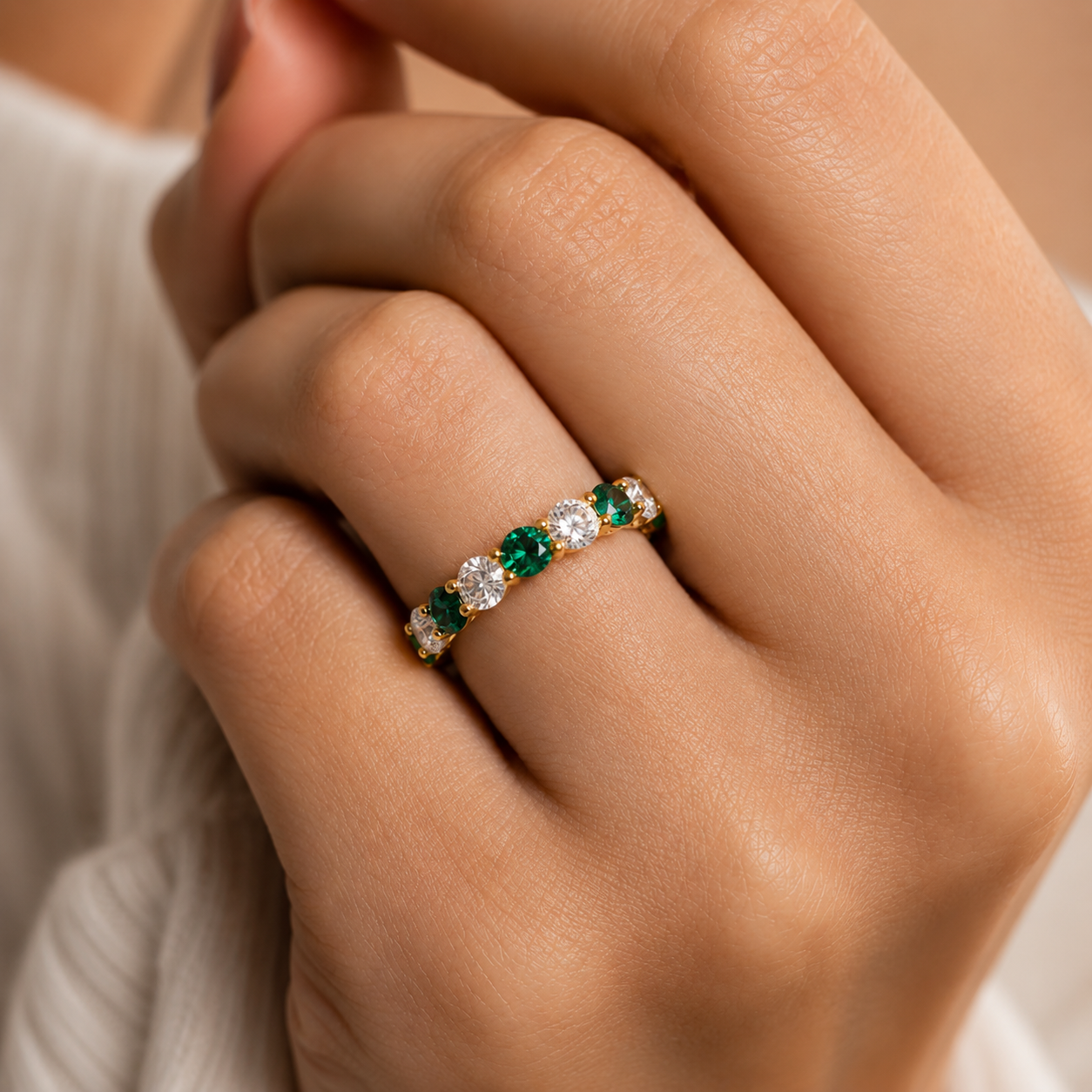 4ct Round Lab Grown Diamond & Emerald Eternity Band – 14K Gold, IGI Certified
