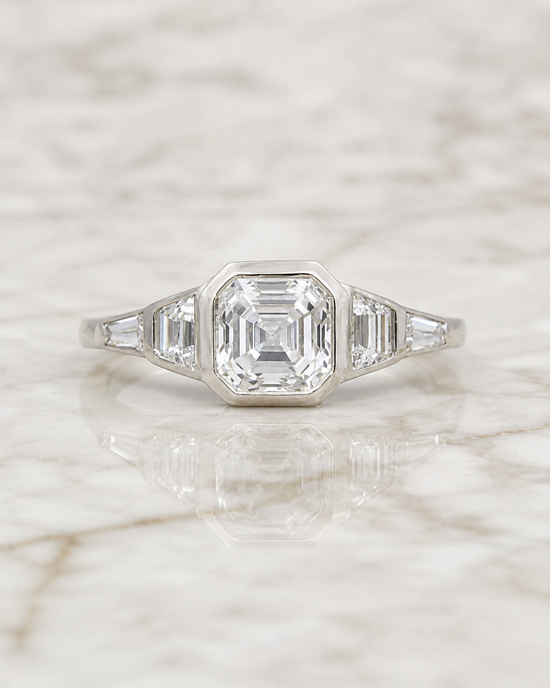 Asscher Lab Grown Diamond Engagement Ring – Five Stone Bezel 14K Gold – 2ct Art Deco Step Cut