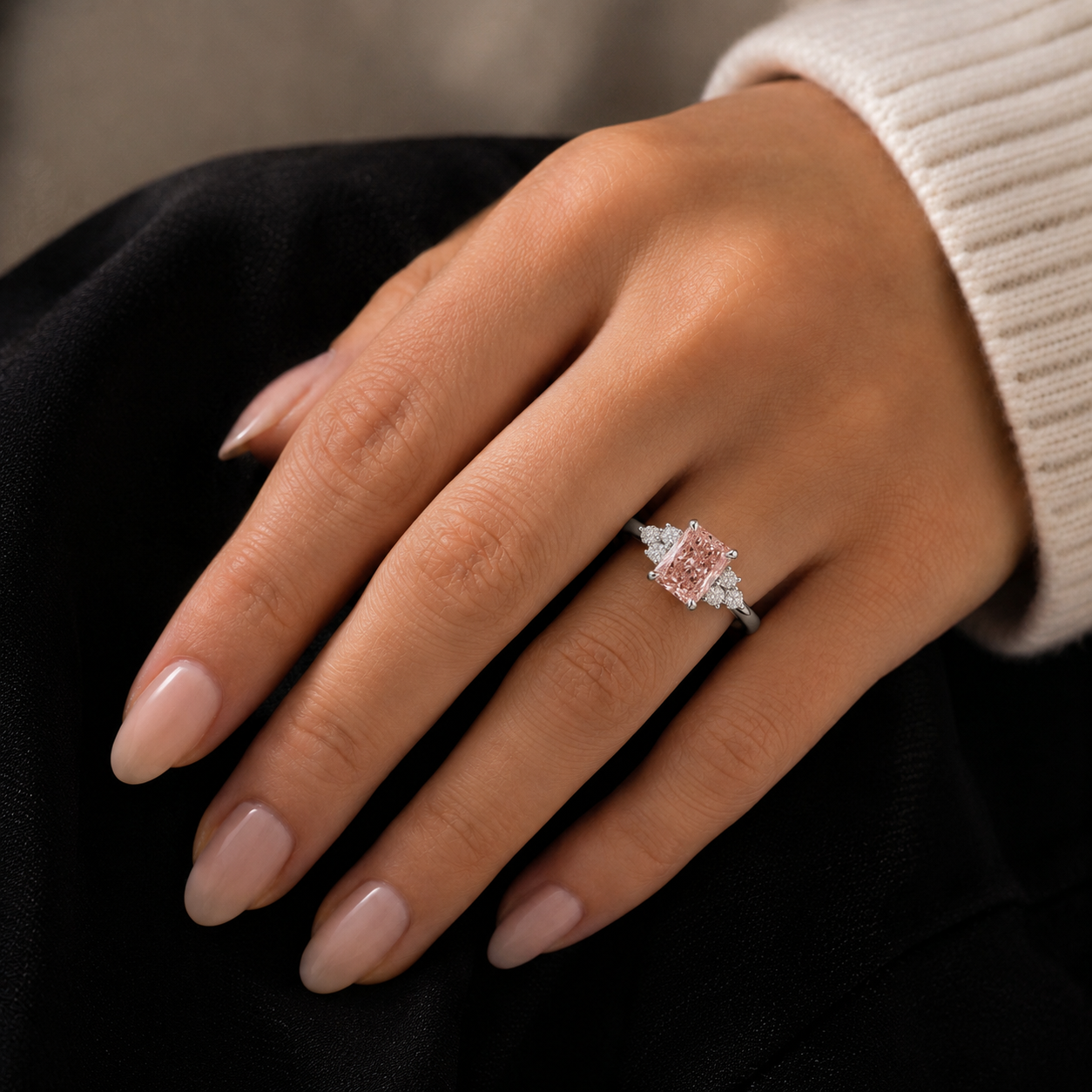 Fancy Vivid Pink Radiant Lab Grown Diamond Engagement Ring Three Stone 18K White Gold IGI Certified 3.30 Carat