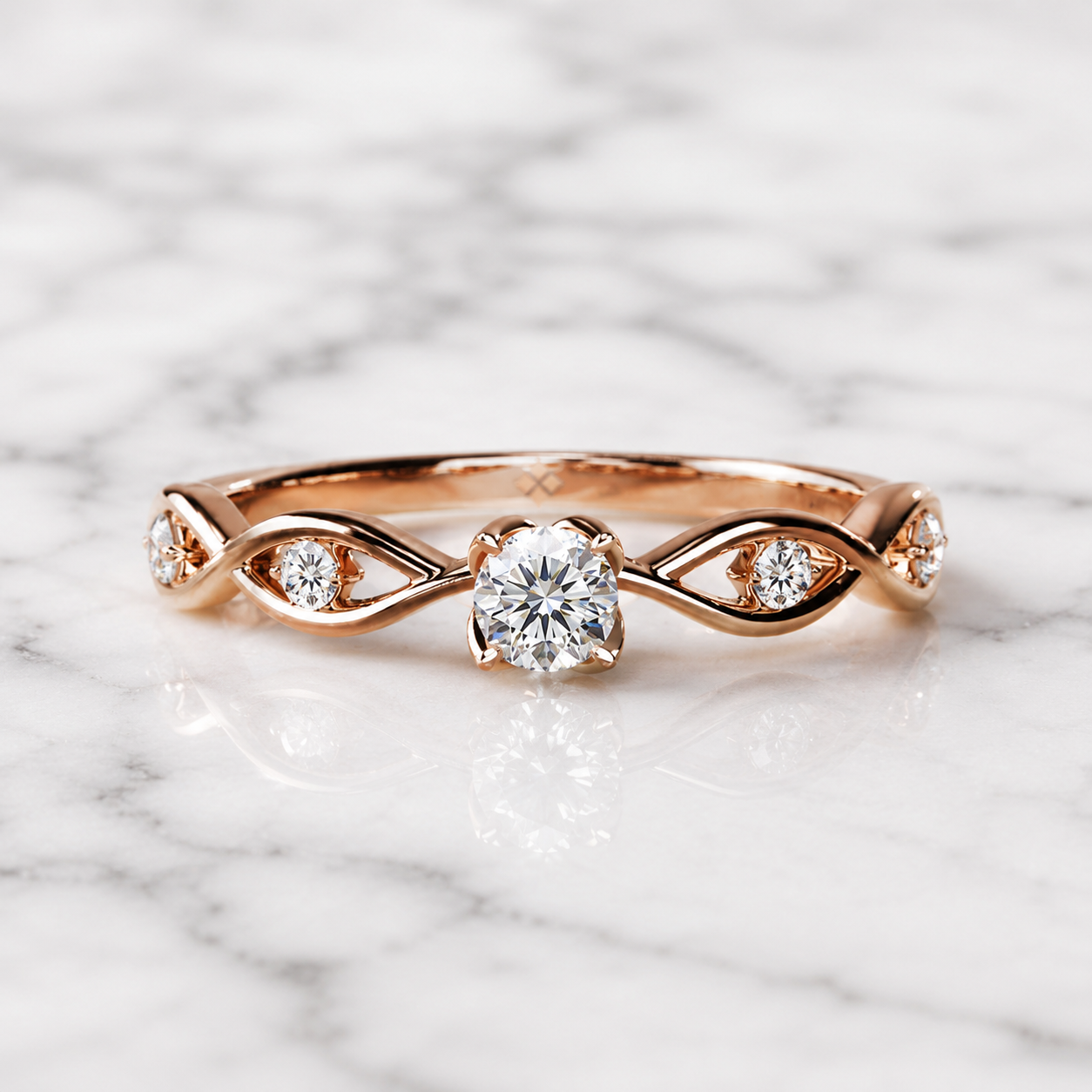 Round Lab Grown Diamond Engagement Ring Twisted Shank Solitaire 14K Rose Gold VVS2 E Side Stones