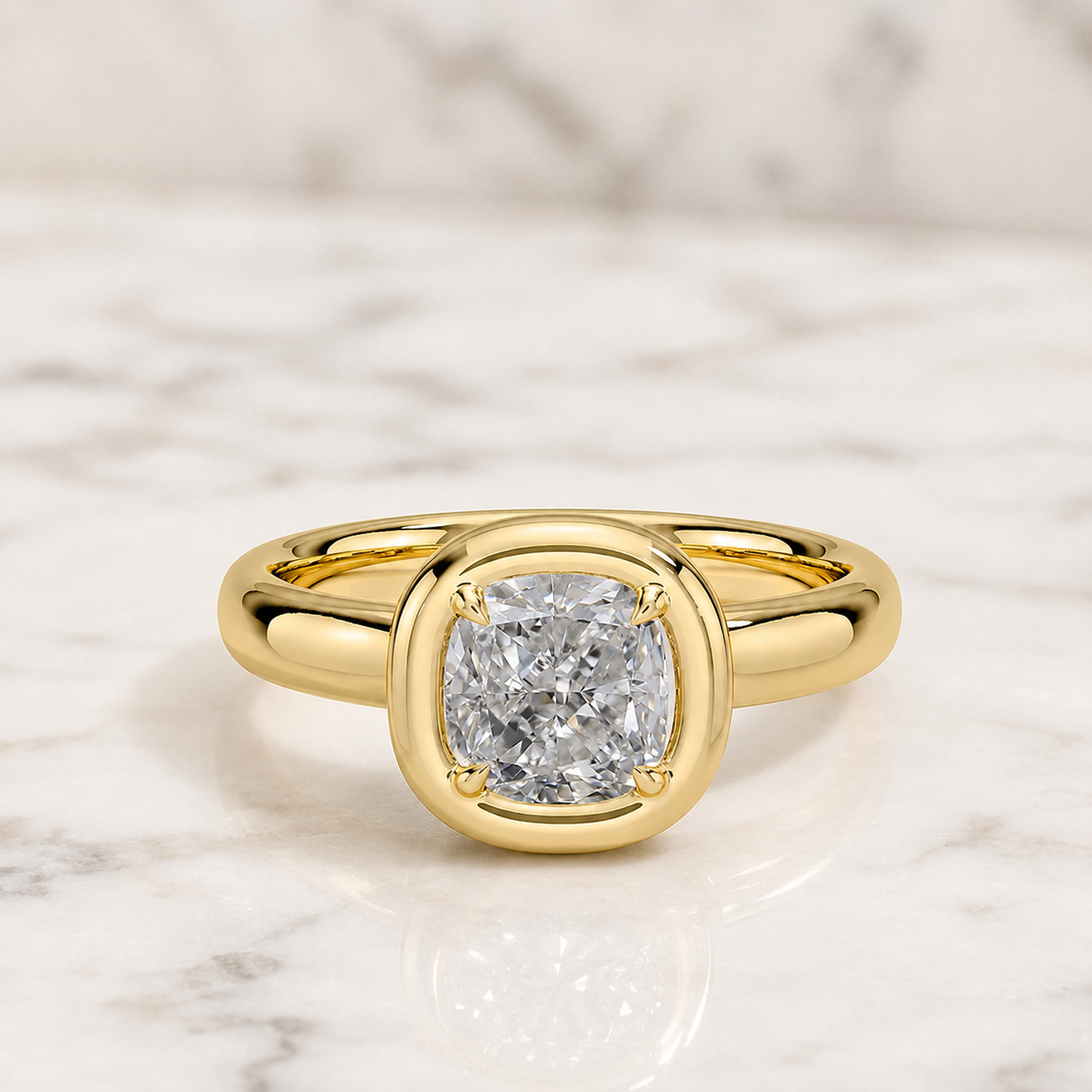 Cushion Lab Grown Diamond Engagement Ring Bezel Solitaire 14K Yellow Gold Corner Prong Setting
