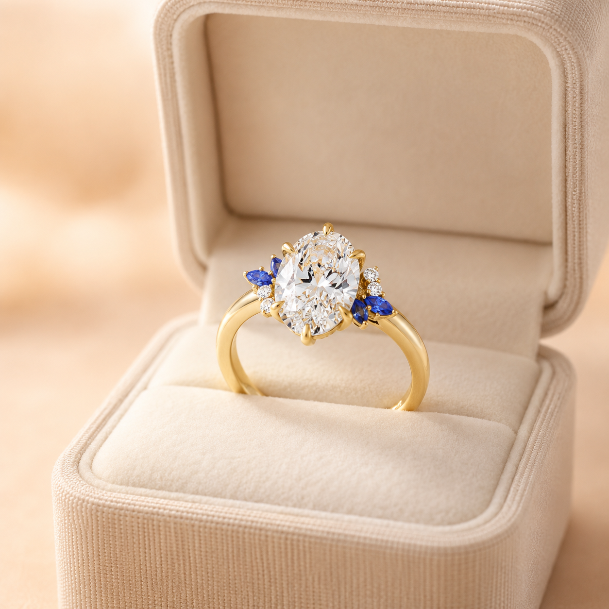 Oval Lab Grown Diamond Engagement Ring – Floral Sapphire Setting, IGI Certified
