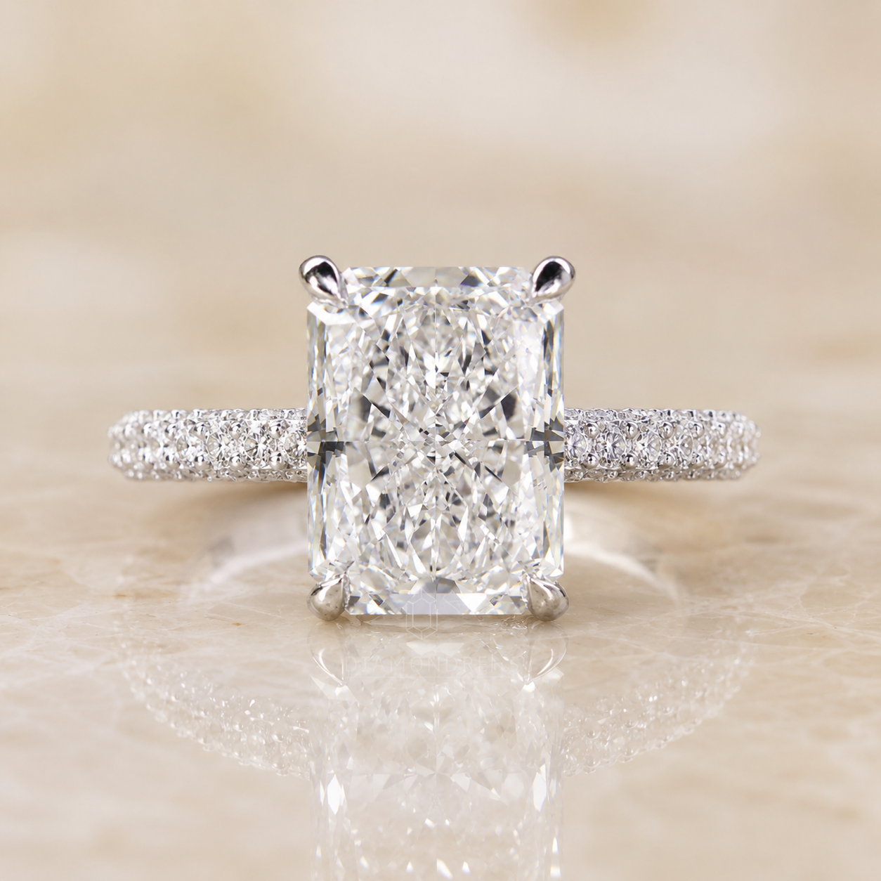 Radiant Lab Grown Diamond Engagement Ring Three-Sided Pavé Platinum IGI Certified 3.20 Carat
