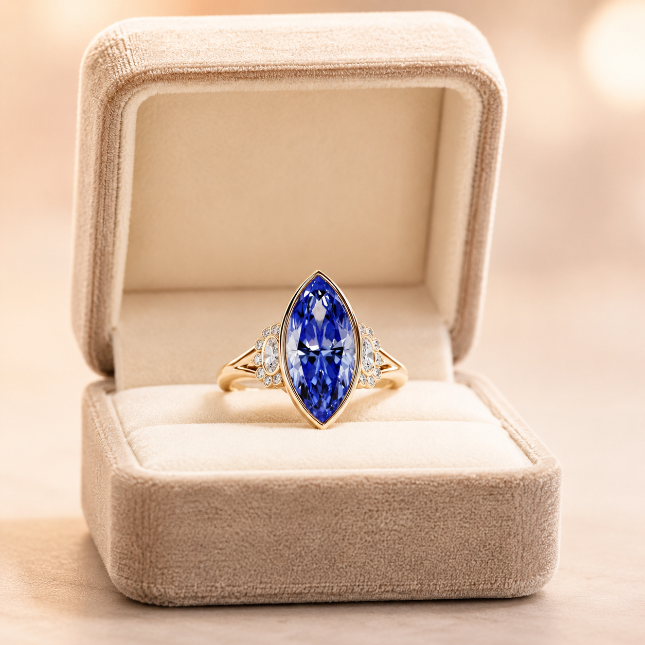 Marquise Lab Grown Blue Sapphire Engagement Ring Diamond Halo Bezel 14K Yellow Gold Split Shank