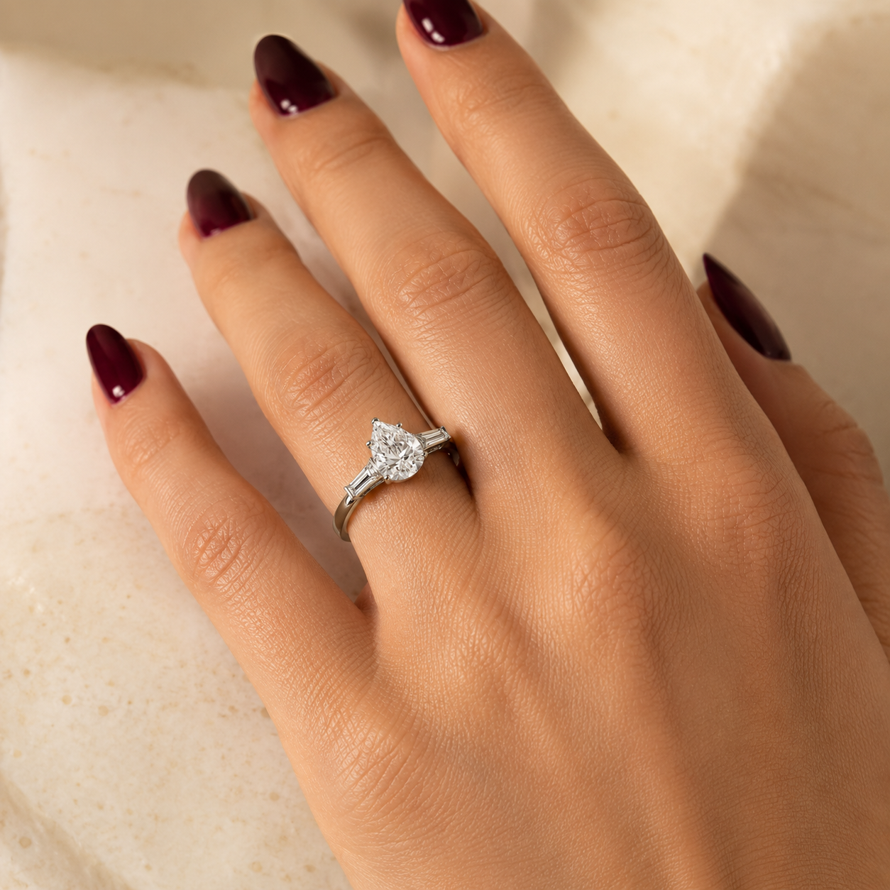 Pear Cut Lab Grown Diamond Engagement Ring Three Stone 14K Yellow Gold Tapered Baguette Side Stones