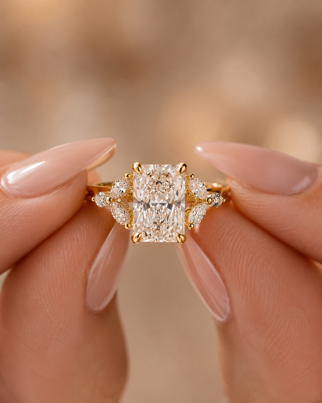 Radiant Lab Grown Diamond Engagement Ring – Cluster Marquise 14K Yellow Gold – IGI Certified 2.22 Carat E VVS2