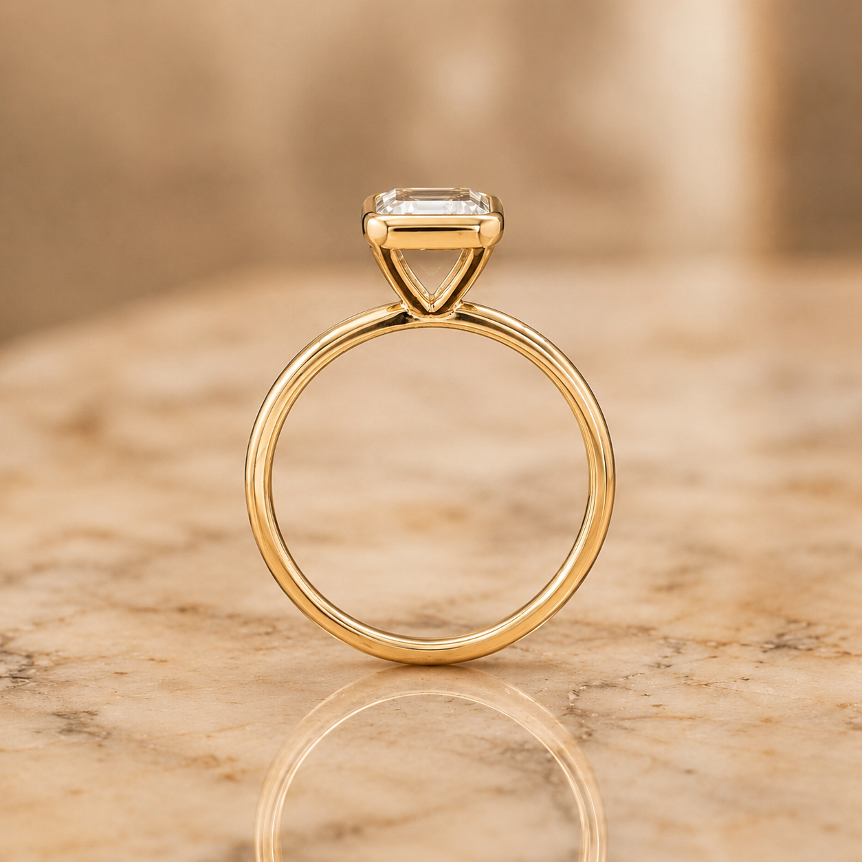 Emerald Cut Lab Grown Diamond Engagement Ring Bezel Solitaire 14K Yellow Gold IGI Certified 2 Carat E VVS2
