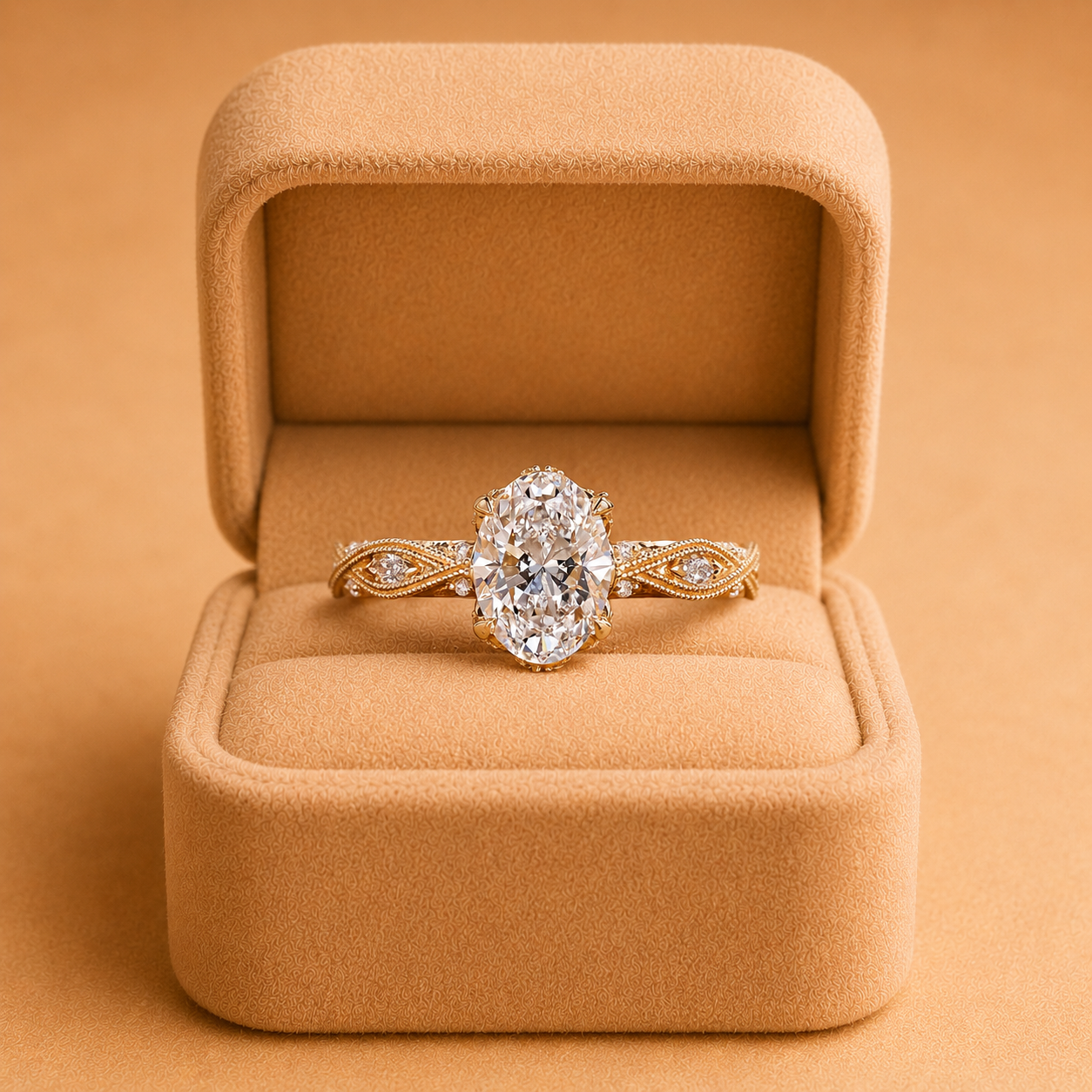 4ct Oval Lab Grown Diamond Engagement Ring – 14K Gold Vintage Halo