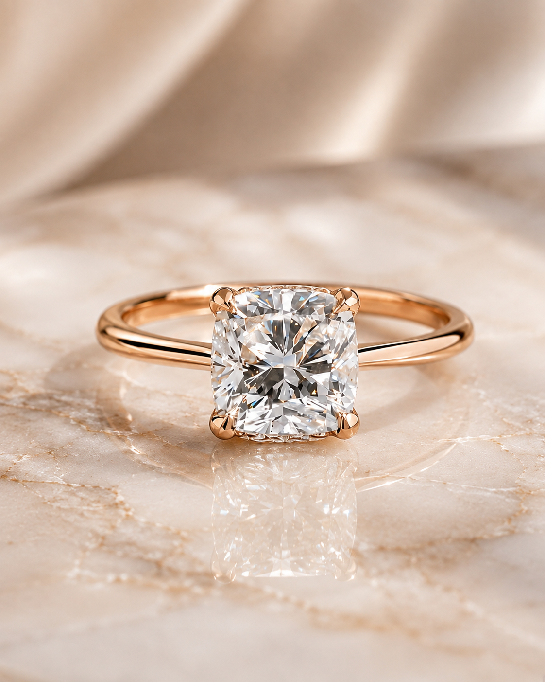 Cushion Lab Grown Diamond Engagement Ring Hidden Halo Solitaire 14K Yellow Gold IGI Certified
