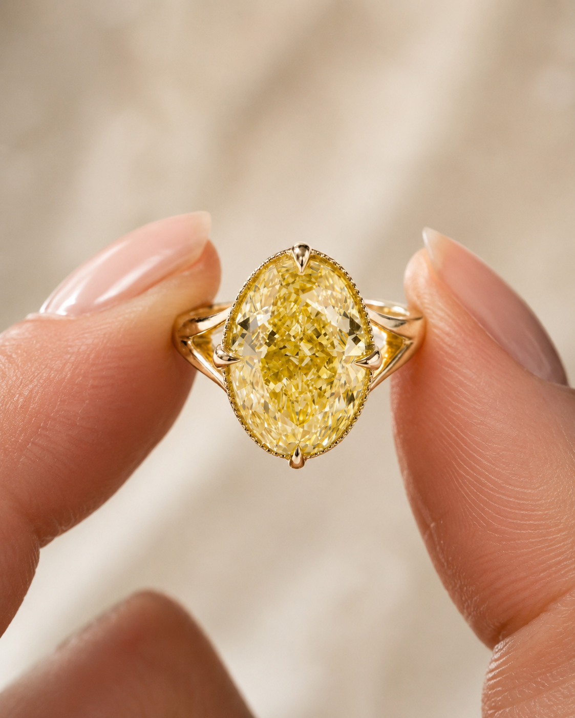 Fancy Yellow Oval Lab Grown Diamond Engagement Ring Milgrain Bezel Split Shank 14K Gold – Claw Prong Vintage Style
