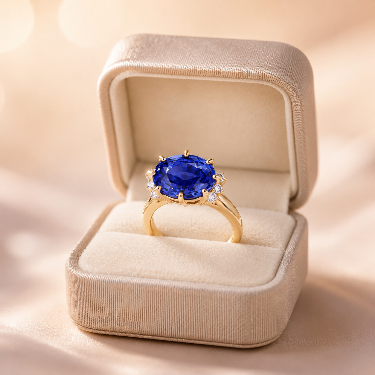 4 Ct Oval Lab Grown Blue Sapphire Engagement Ring – Diamond Cluster Halo, 14K Gold