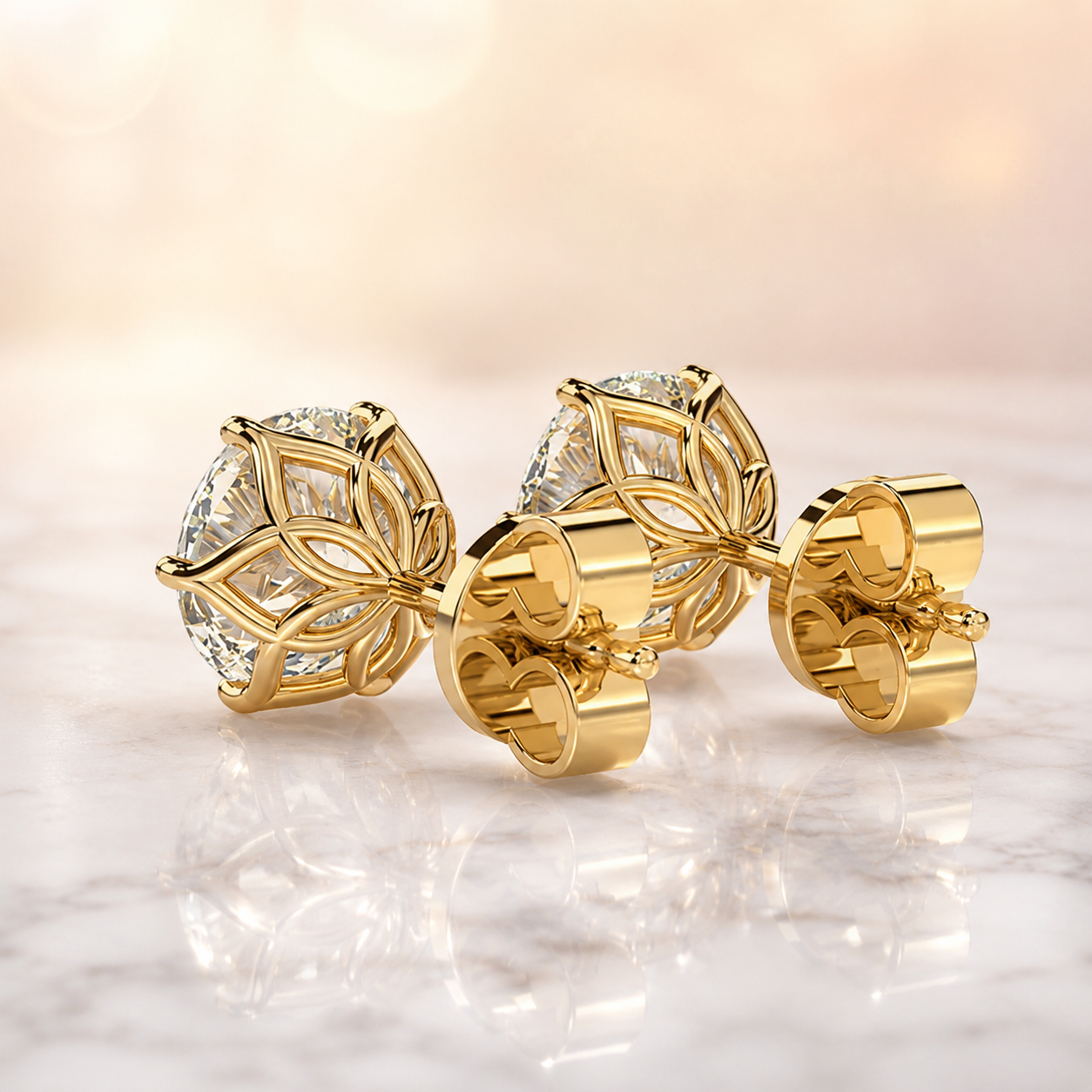 Round Lab Grown Diamond Stud Earrings – Tulip Petal Prong 14K Yellow Gold – 1 Carat VVS2 E