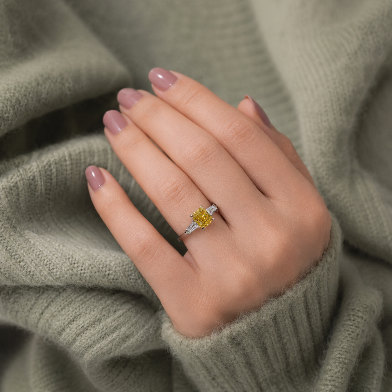 2.73ct Vivid Yellow Radiant Lab Grown Diamond Three Stone Ring – IGI Certified