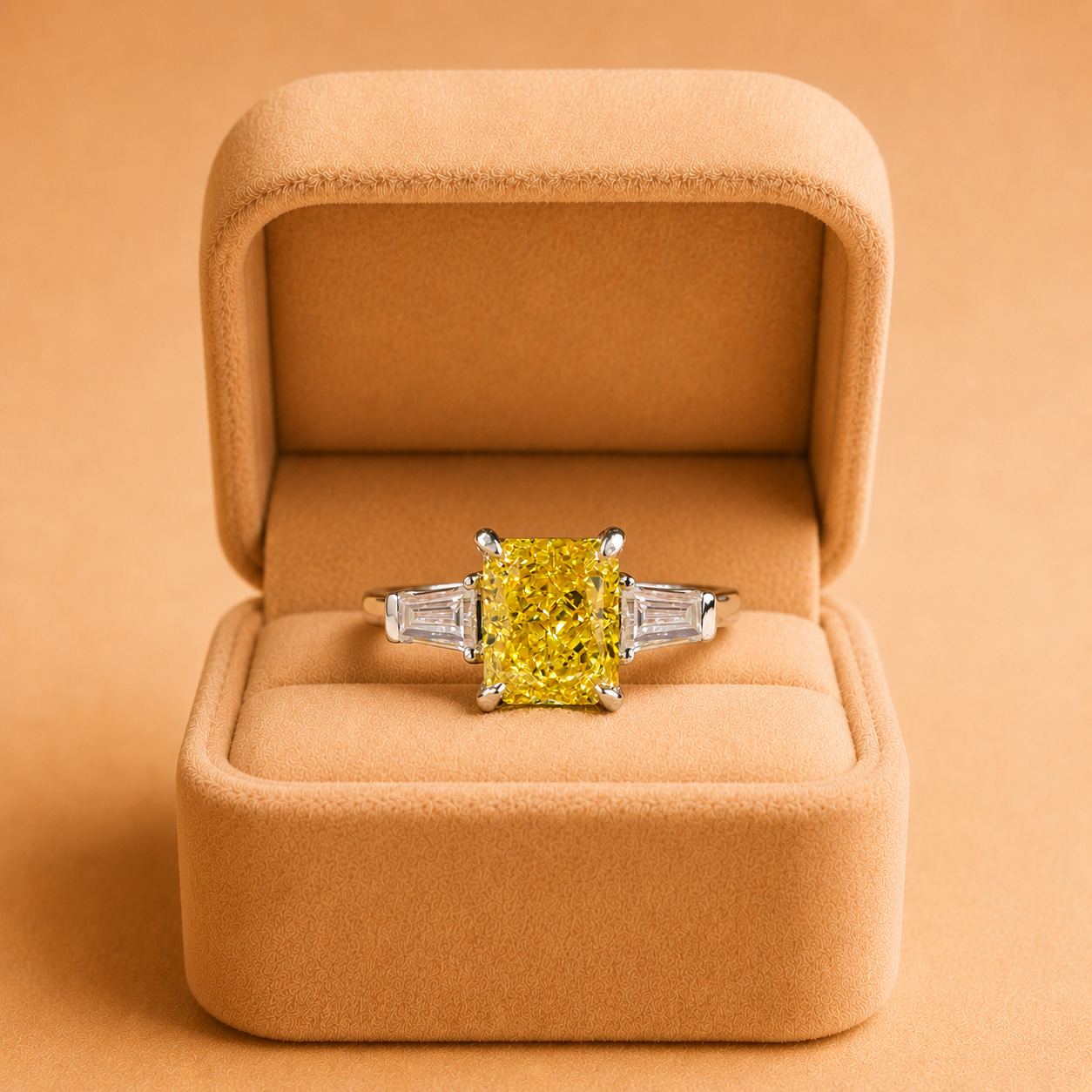 2.73ct Vivid Yellow Radiant Lab Grown Diamond Three Stone Ring – IGI Certified