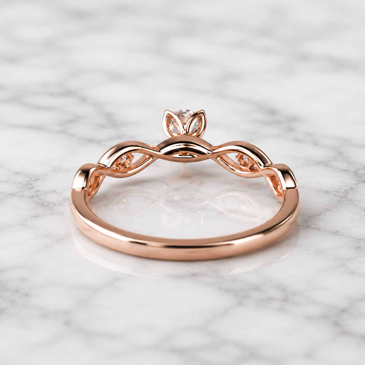 Round Lab Grown Diamond Engagement Ring Twisted Shank Solitaire 14K Rose Gold VVS2 E Side Stones