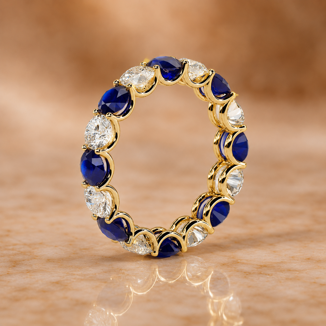 4Ct Round Lab Grown Diamond & Blue Sapphire Eternity Band – 14K Gold, IGI