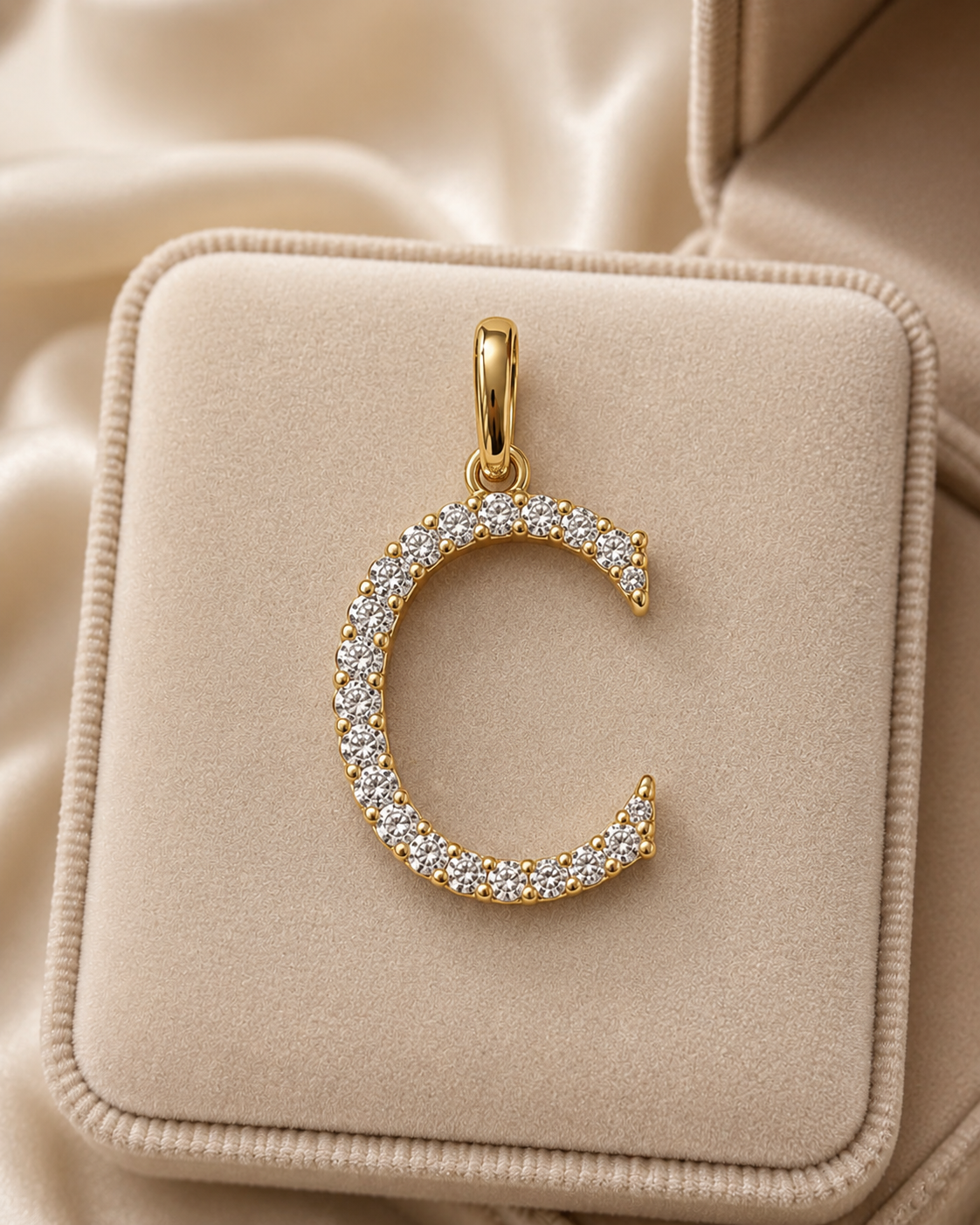 Letter C Initial Lab Grown Diamond Pendant Necklace Pavé 14K Yellow Gold – Round E for Her
