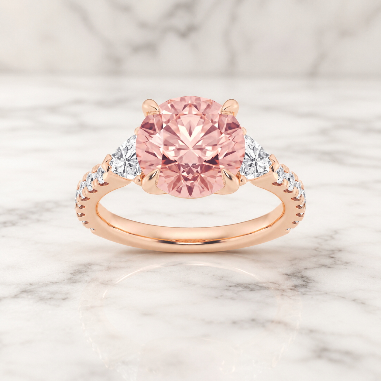 Pink Round Lab Grown Diamond Engagement Ring Three Stone 14K Rose Gold IGI Certified 3 Carat