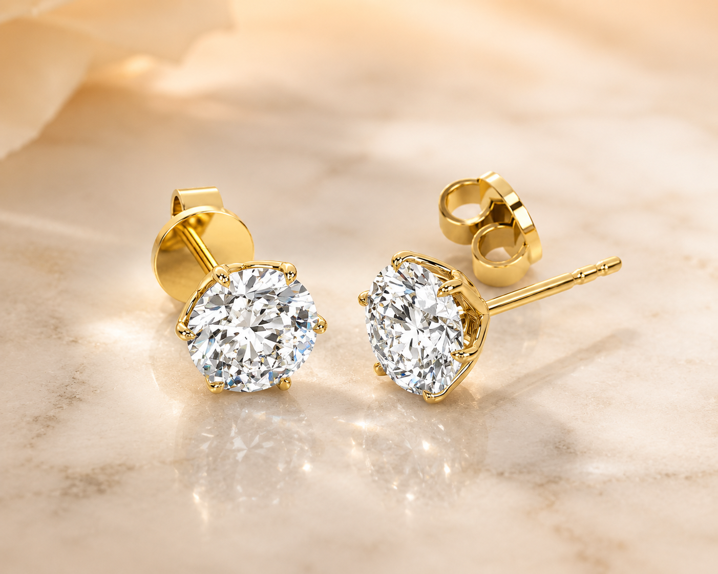 Round Lab Grown Diamond Stud Earrings – Tulip Petal Prong 14K Yellow Gold – 1 Carat VVS2 E