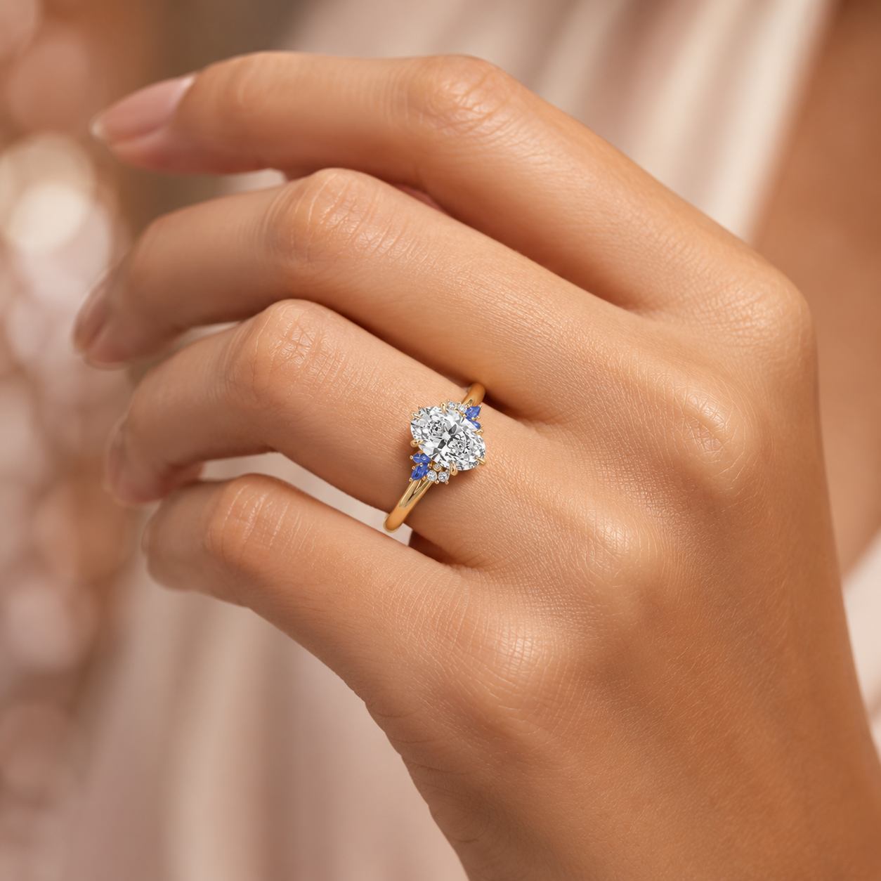 Oval Lab Grown Diamond Engagement Ring – Floral Sapphire Setting, IGI Certified