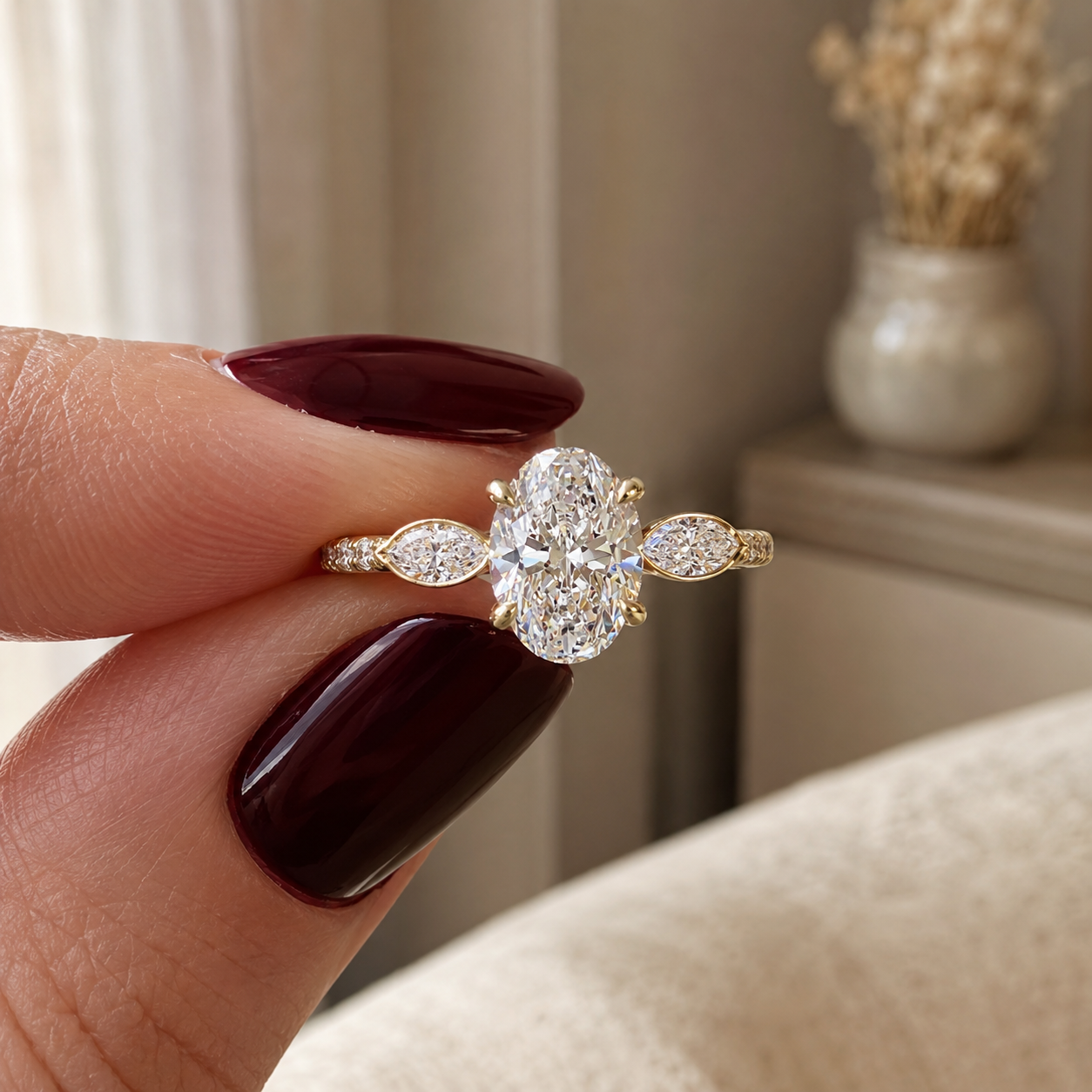 Oval Lab Grown Diamond Engagement Ring Marquise Side Stone Pavé 14K Yellow Gold IGI Certified 2ct