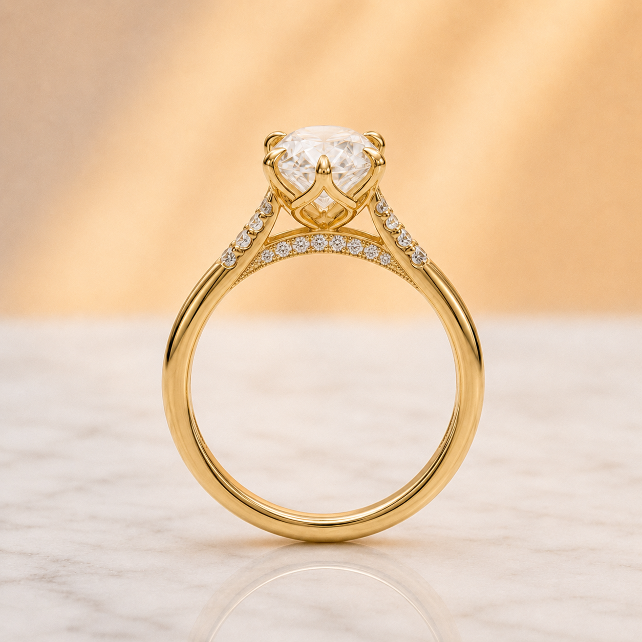 Oval Lab Grown Diamond Engagement Ring  IGI Certified, 14K Gold Trio Pavé Cathedral Setting